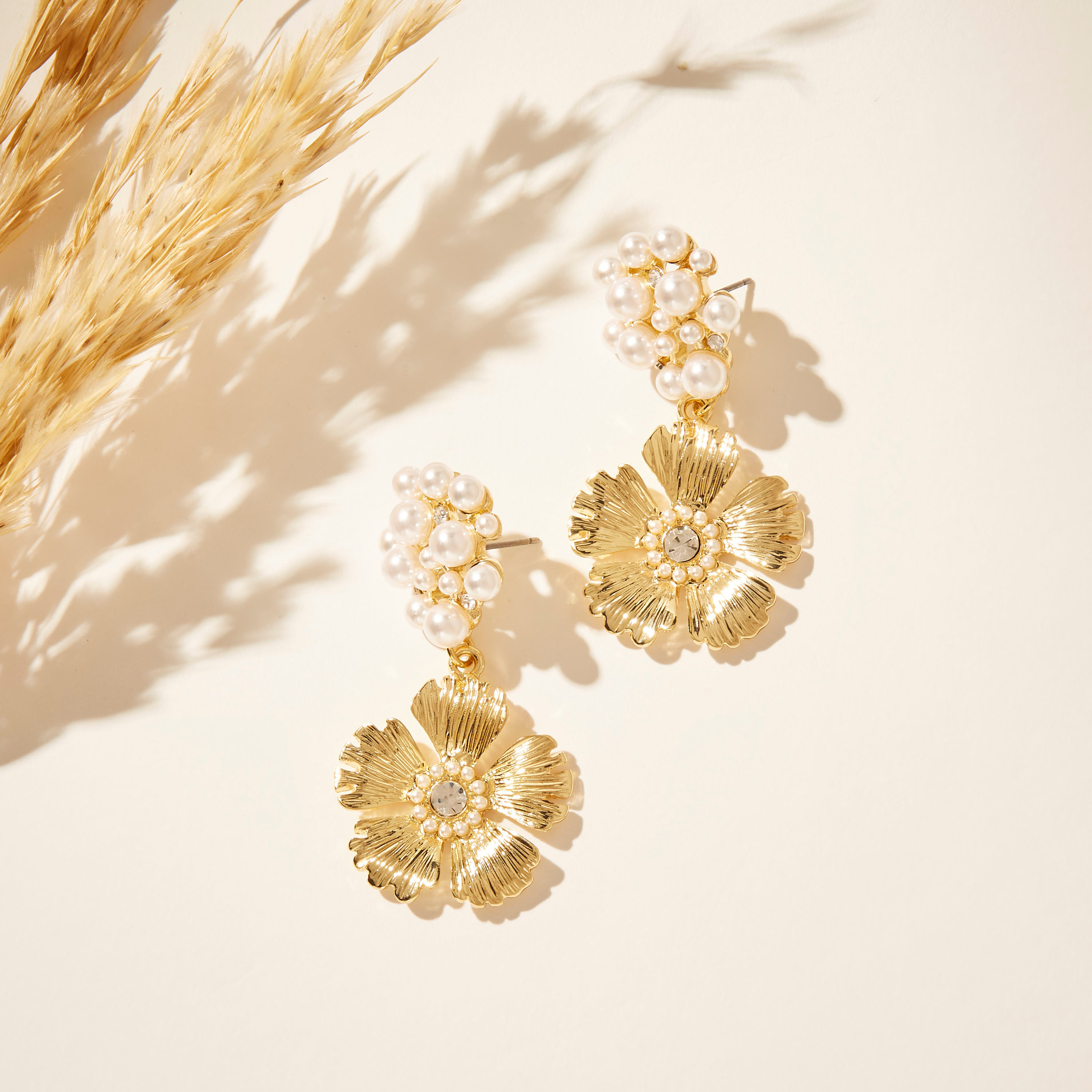 Pearl Embellished Floral Drop Earrings with Pushback Closure-women-watchesandjewellery-jewellery-earrings-image-1