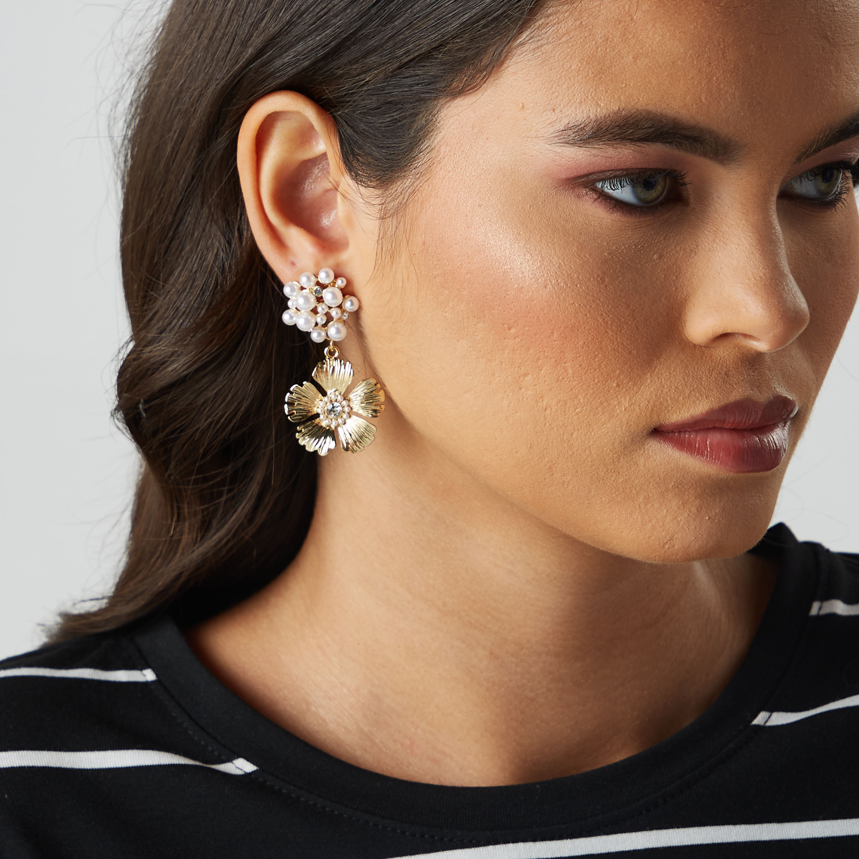 Pearl Embellished Floral Drop Earrings with Pushback Closure-women-watchesandjewellery-jewellery-earrings-image-2
