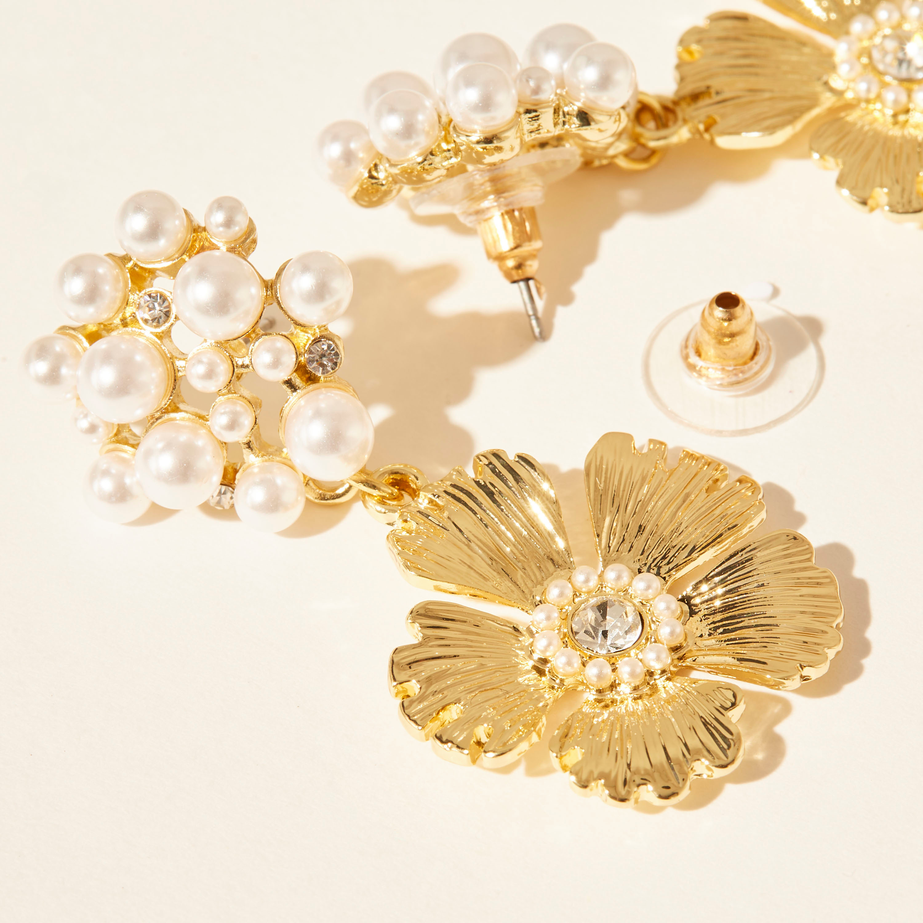 Pearl Embellished Floral Drop Earrings with Pushback Closure-women-watchesandjewellery-jewellery-earrings-image-4