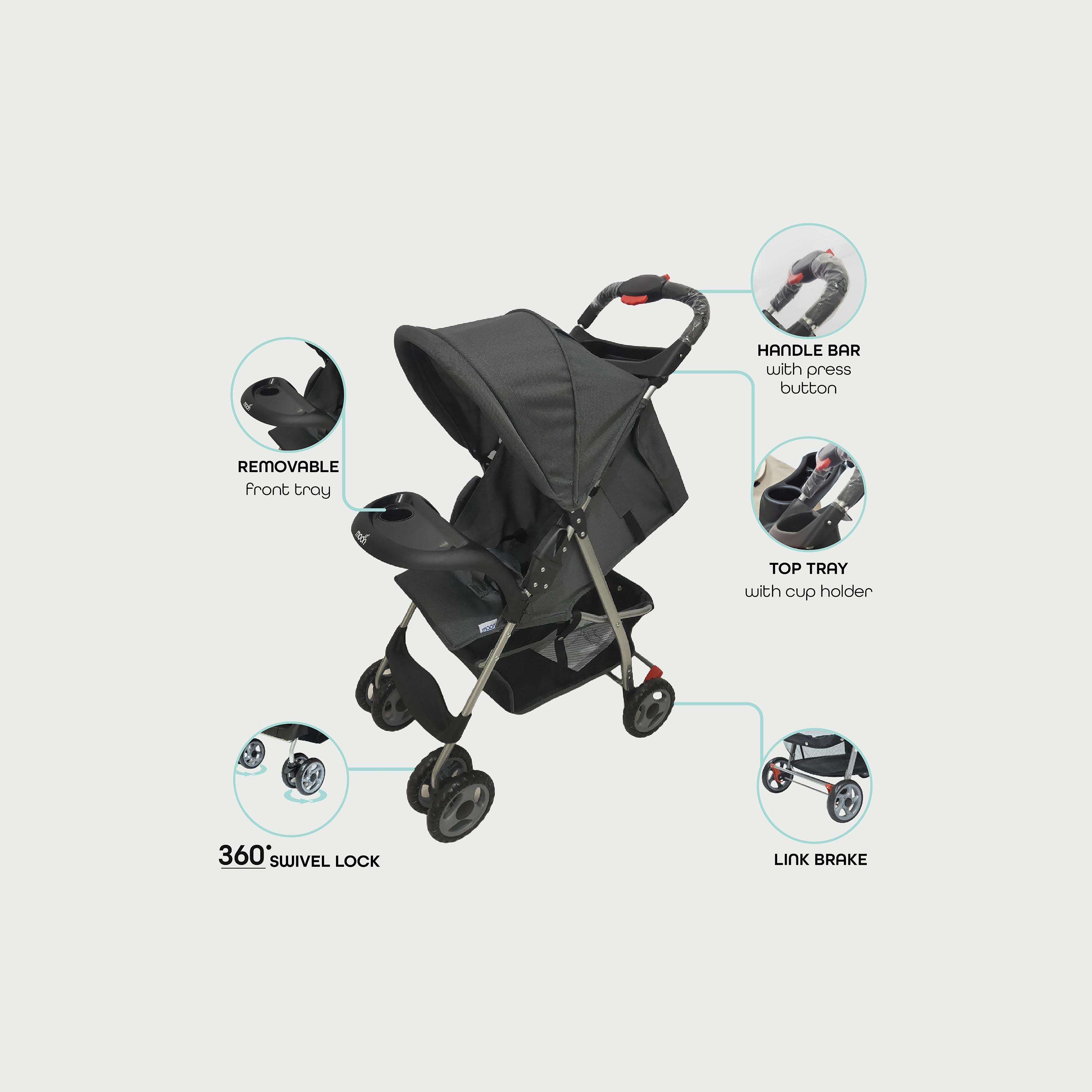 عربة أطفال قابلة للطي بيد واحدة بيزيك من موون، رمادي غامق-baby-gear-strollersandprams-strollers-image-3