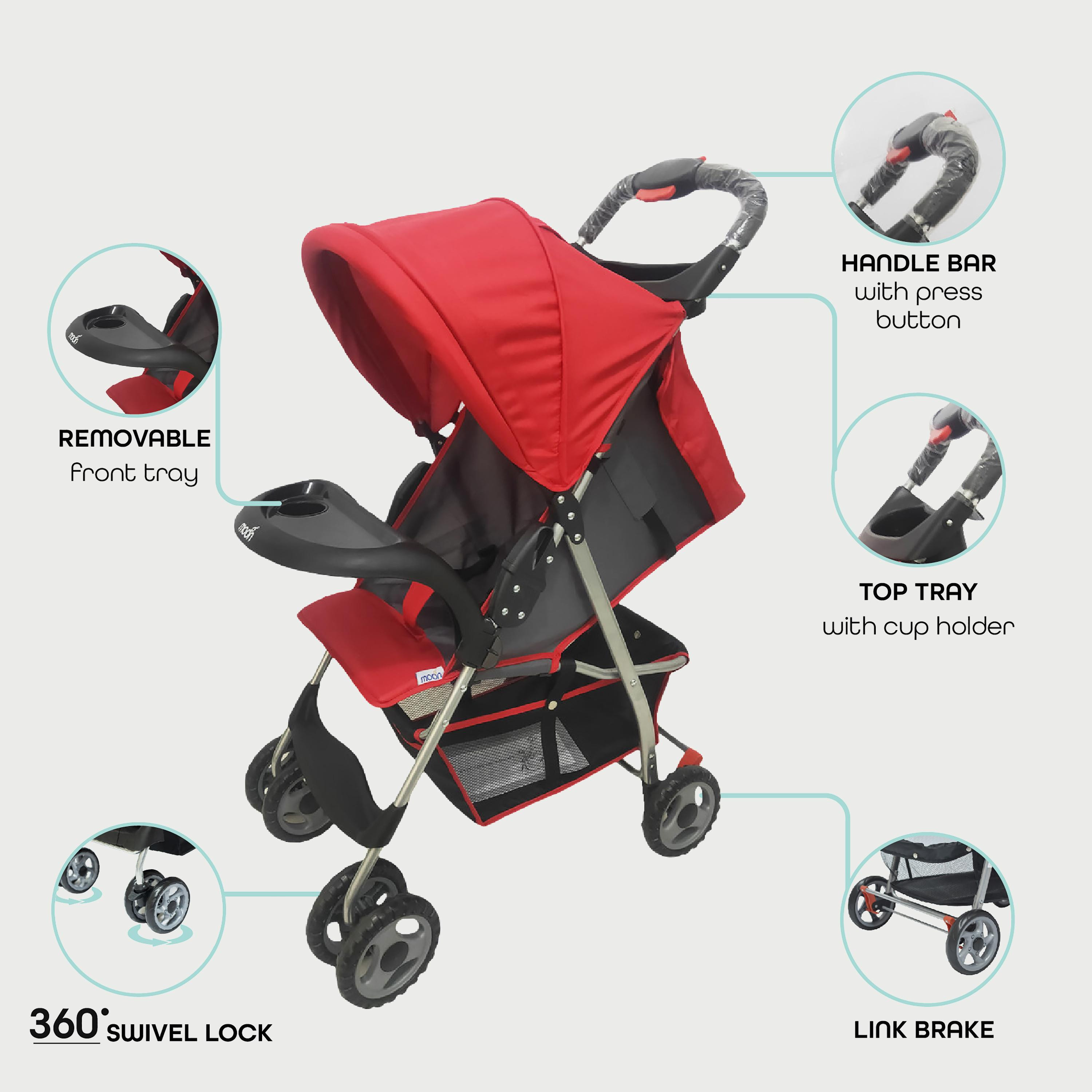 Moon Bezik One Hand Fold Travel Stroller, Red-baby-gear-strollersandprams-strollers-image-3