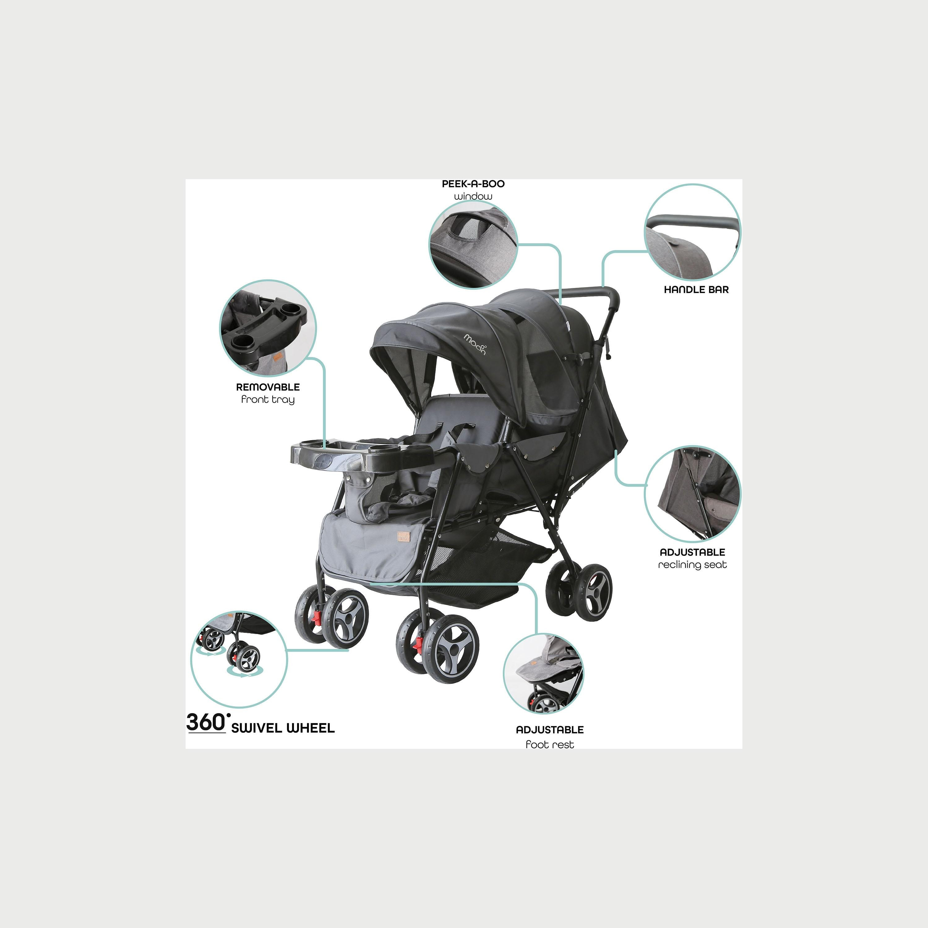 عربة السفر ماغنوم تاندم سهلة الطي المزدوجة من موون، أسود/رمادي نقاط-baby-gear-strollersandprams-strollers-image-3