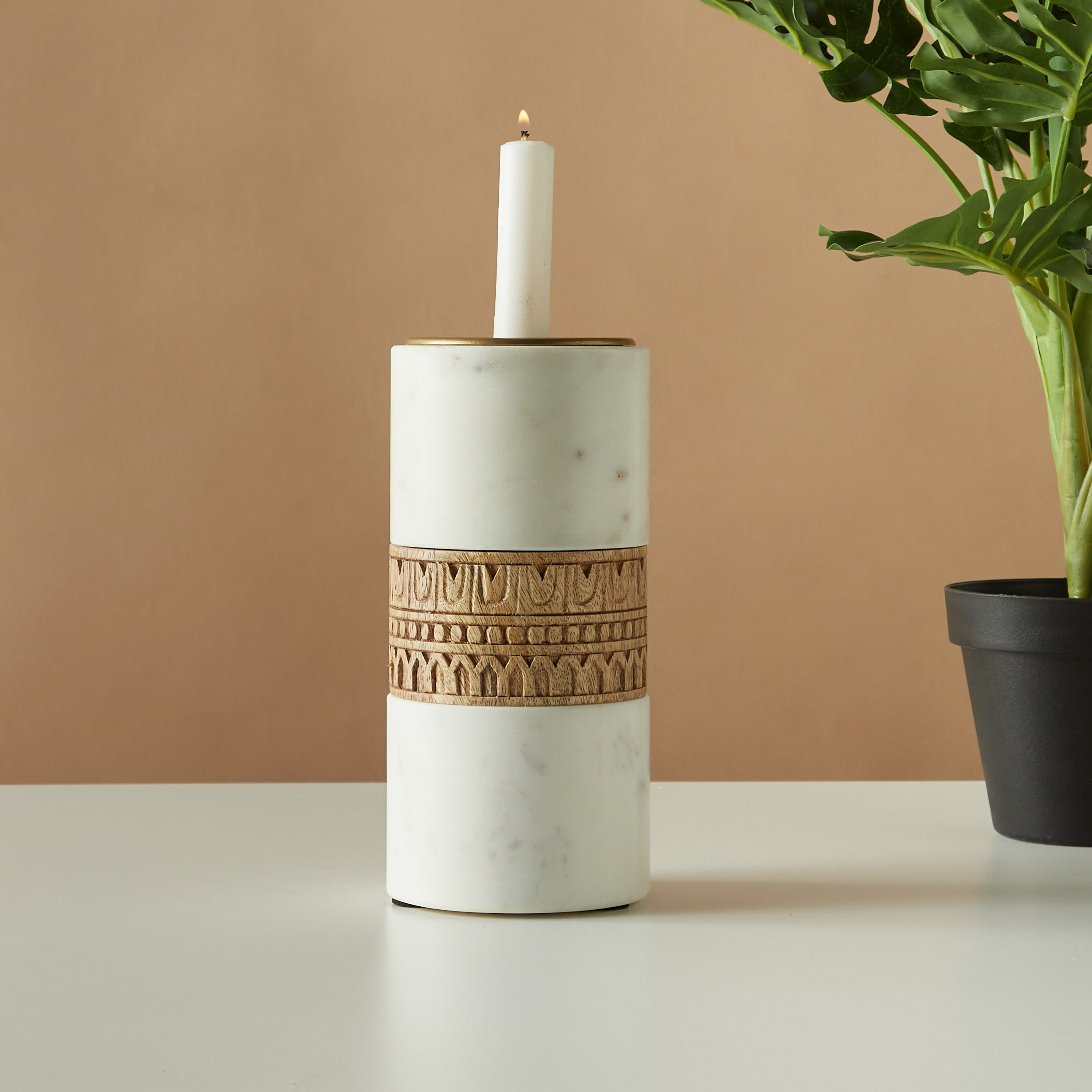 Wood Carved Marble Taper Candleholder - 22 cms-household-decor-candleholdersandlanterns-image-1