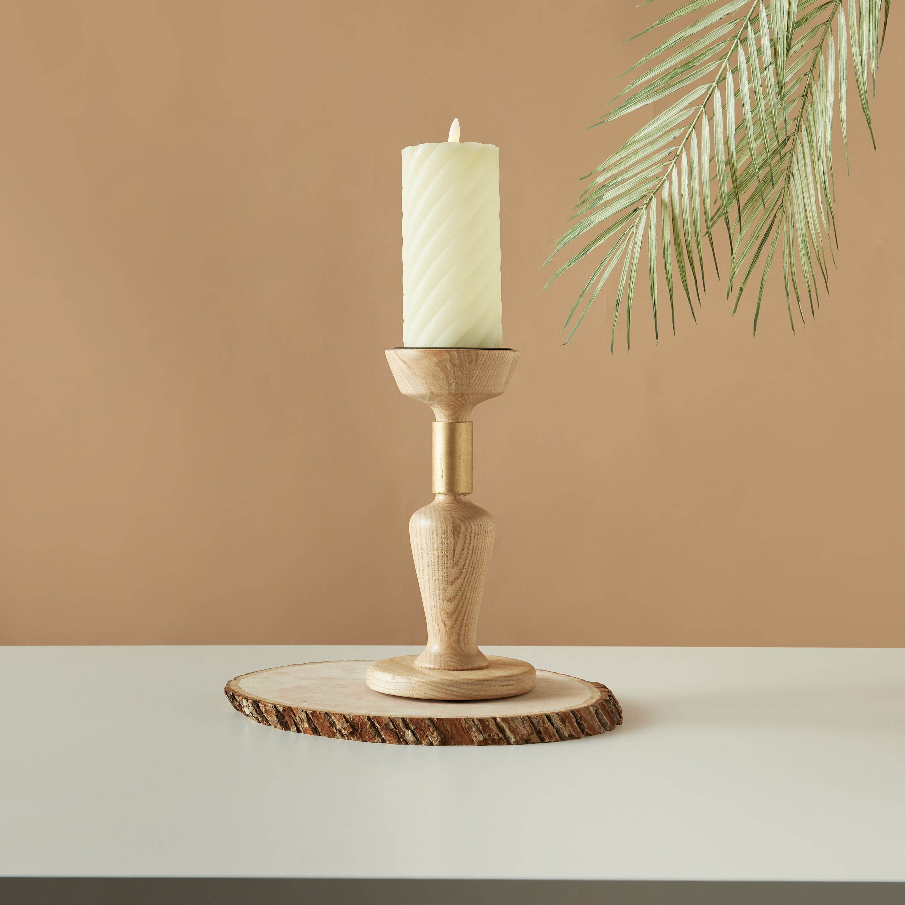 Wooded Pillar Candleholder - 26 cms-household-decor-candleholdersandlanterns-image-1