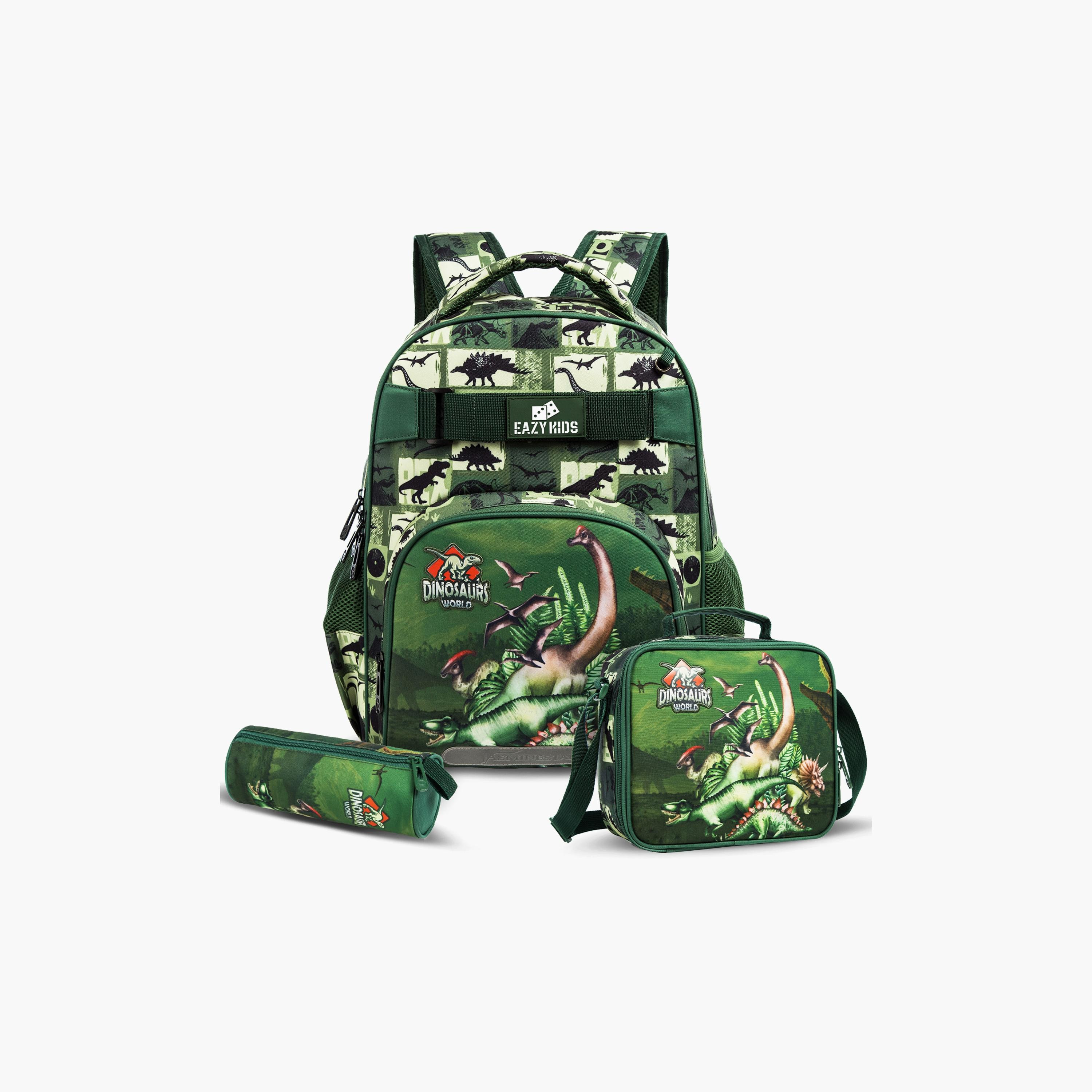 Eazy Kids 3-Piece School Bag, Lunch Bag, Pencil Case, 18 Inch, Dinosaur Green-school-bagsandbackpacks-sets-image-1