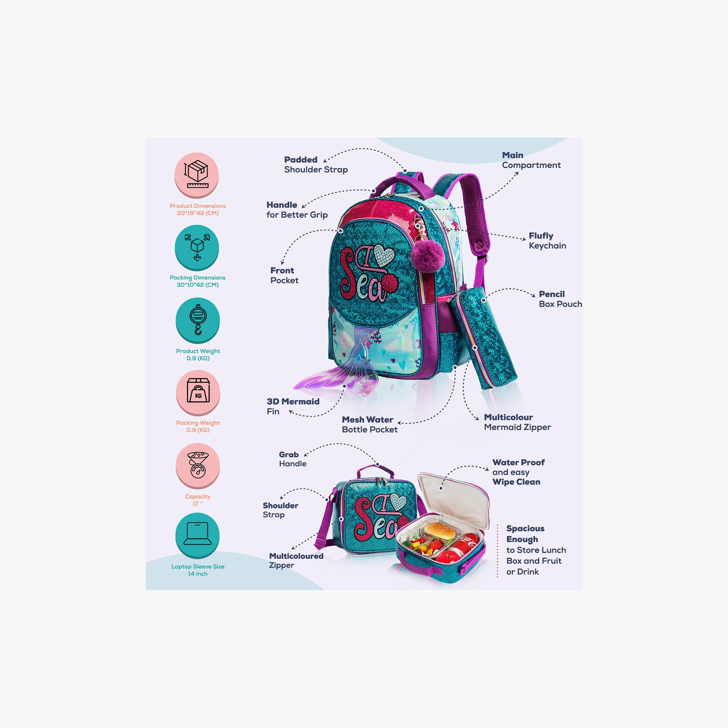 Eazy Kids 3-Piece School Bag, Lunch Bag, Pencil Case, 17 Inch, Mermaid Sea Green-school-bagsandbackpacks-sets-image-2