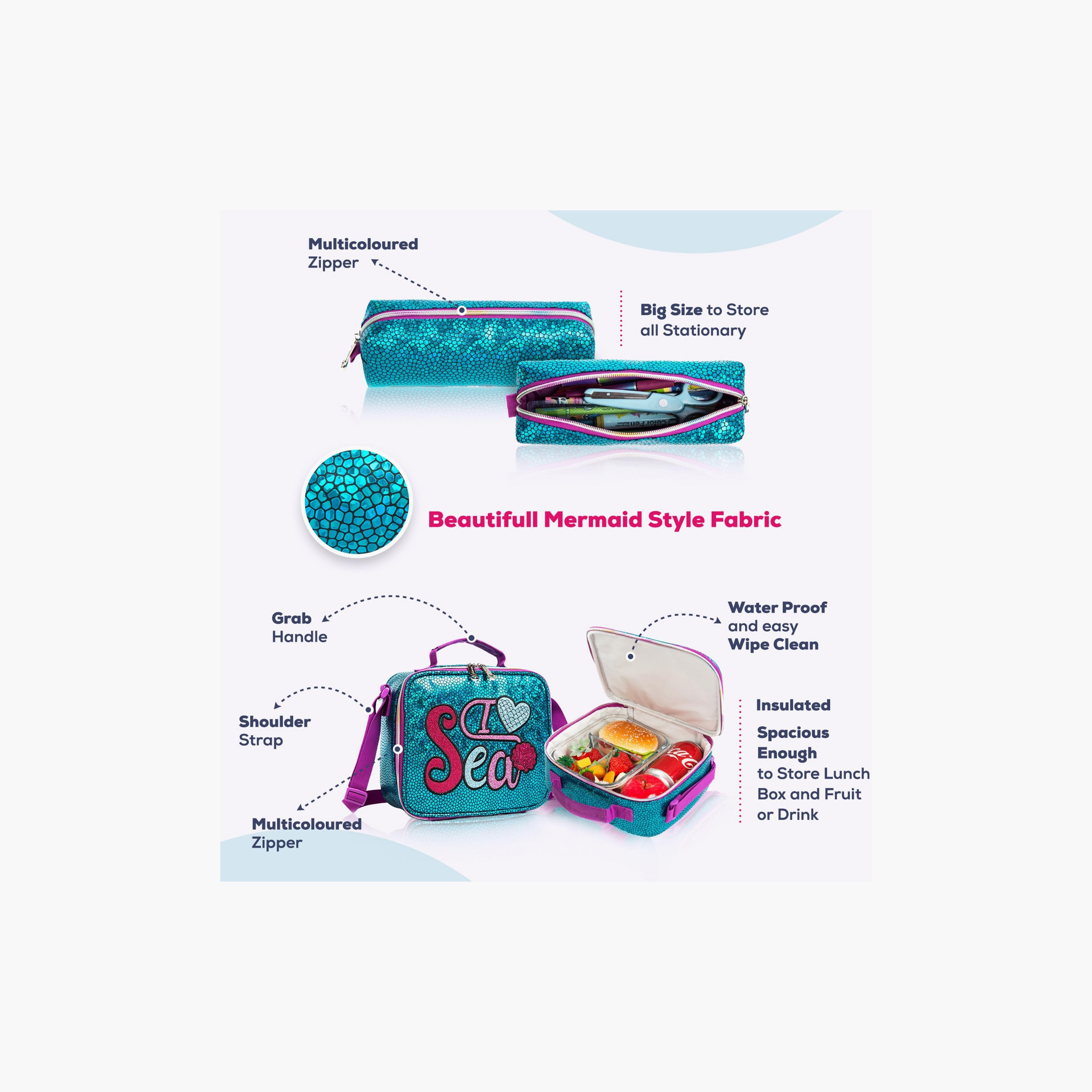 Eazy Kids 3-Piece School Bag, Lunch Bag, Pencil Case, 17 Inch, Mermaid Sea Green-school-bagsandbackpacks-sets-image-3