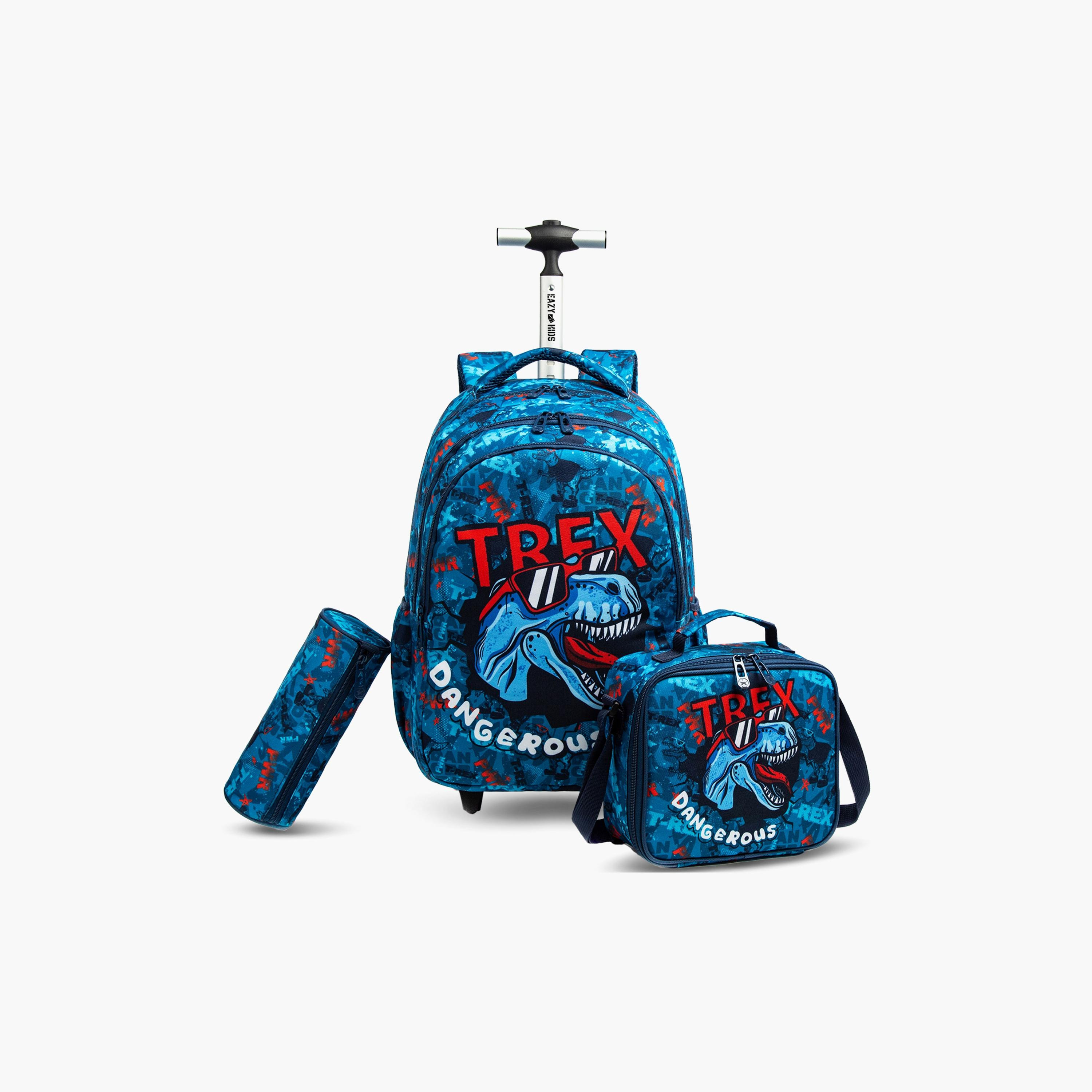Eazy Kids 3-Piece Trolley School Bag, Lunch Bag & Pencil Case, 18 Inch, Trex Dinosaur Blue-school-bagsandbackpacks-sets-image-1