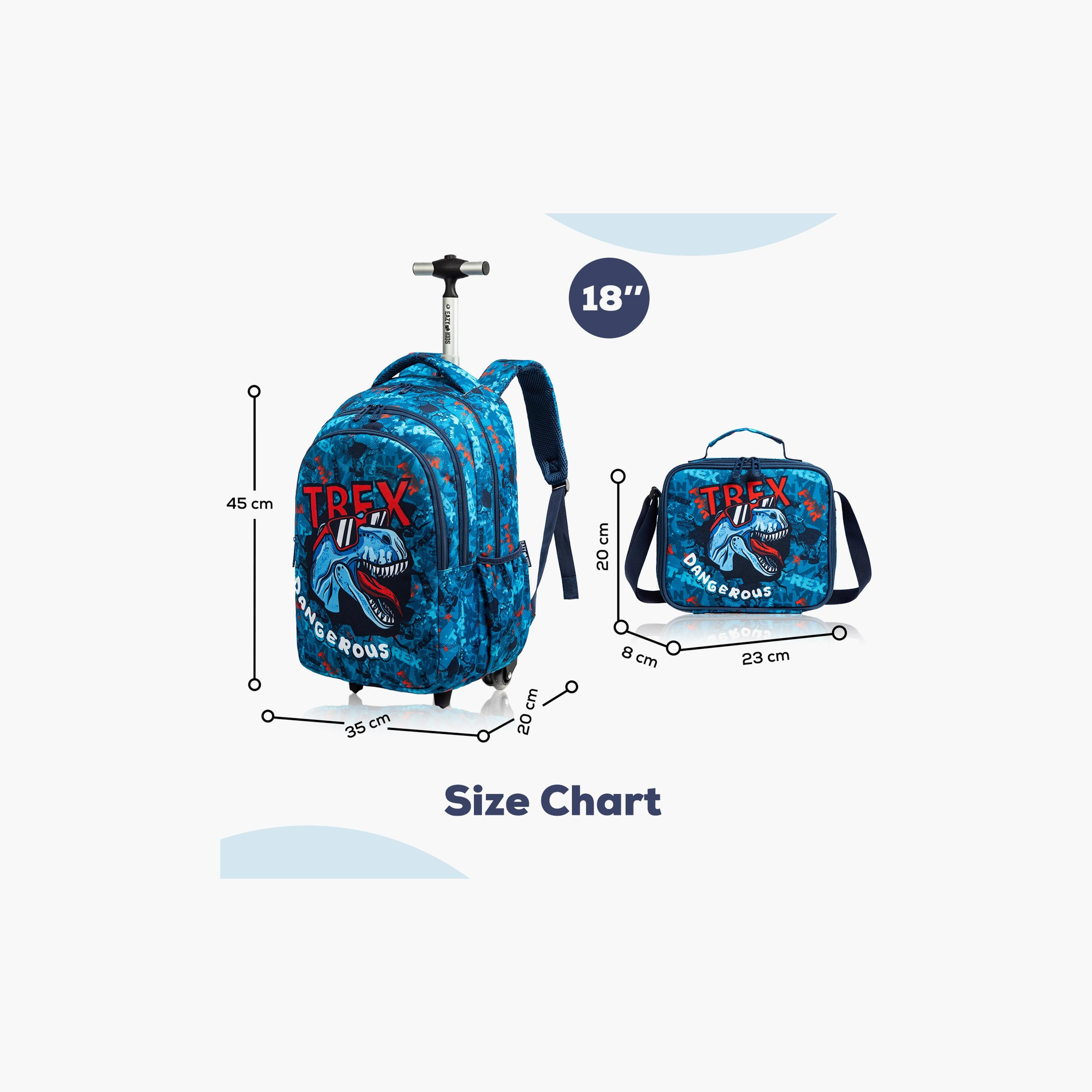Eazy Kids 3-Piece Trolley School Bag, Lunch Bag & Pencil Case, 18 Inch, Trex Dinosaur Blue-school-bagsandbackpacks-sets-image-2