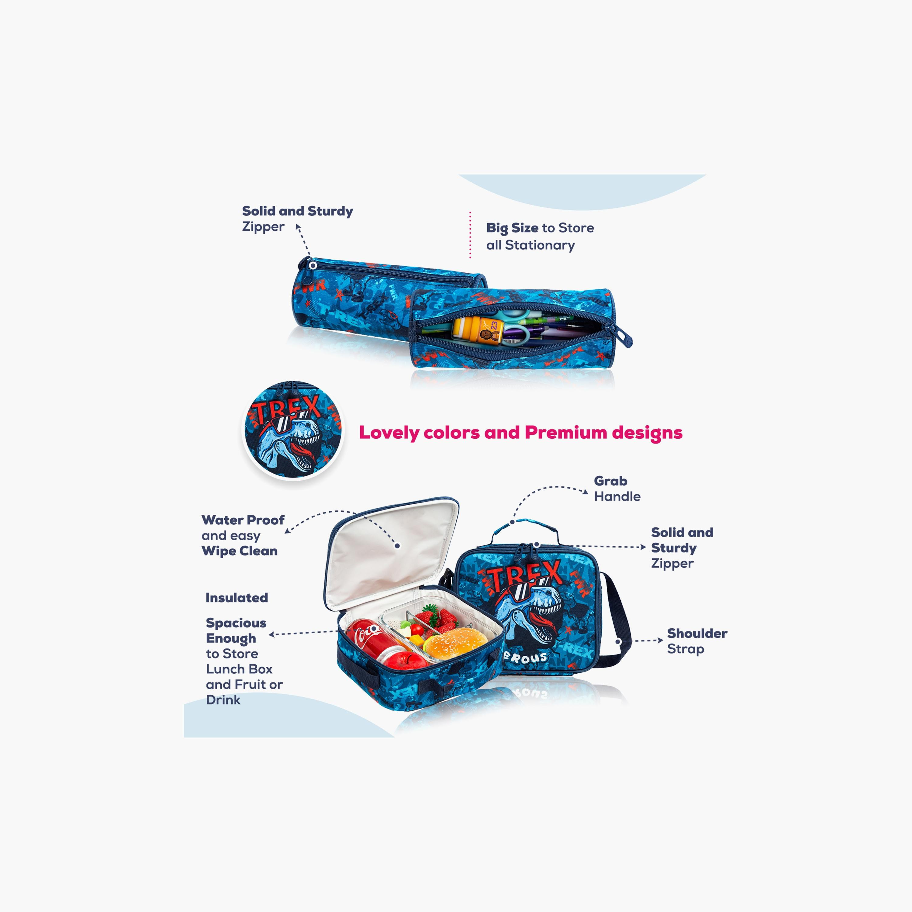 Eazy Kids 3-Piece Trolley School Bag, Lunch Bag & Pencil Case, 18 Inch, Trex Dinosaur Blue-school-bagsandbackpacks-sets-image-4