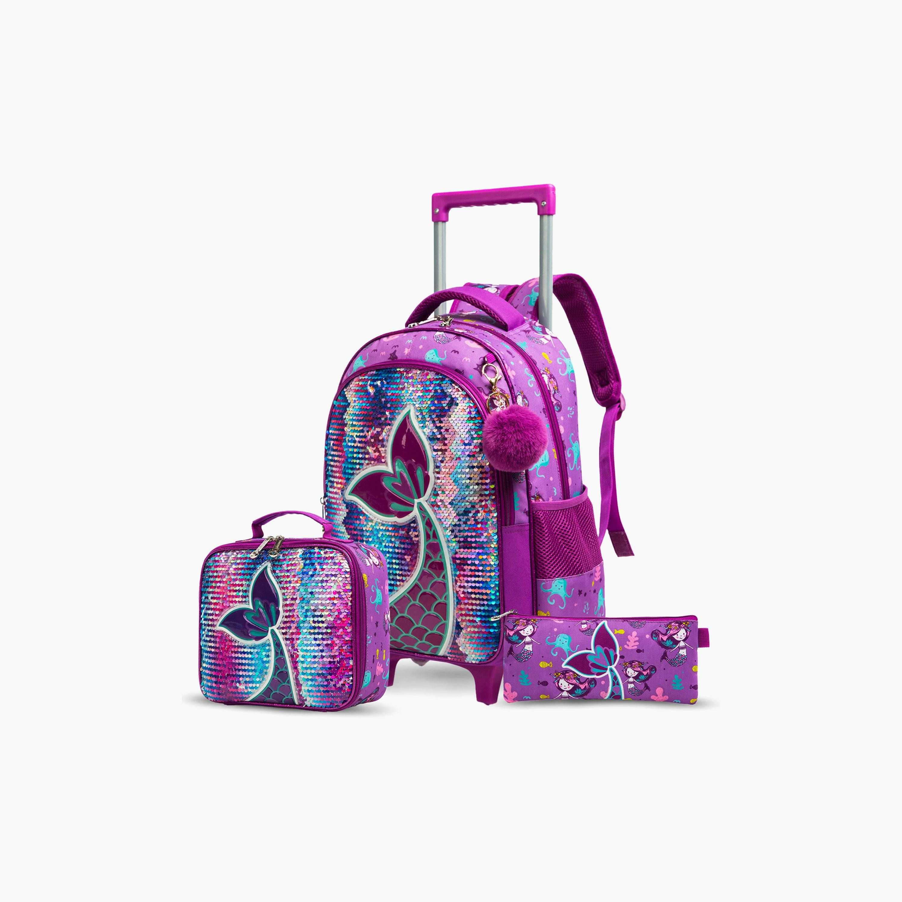 Eazy Kids 3-Piece Trolley School Bag , Lunch Bag & Pencil Case, 16 Inch,  Mermaid Purple-school-bagsandbackpacks-sets-image-1