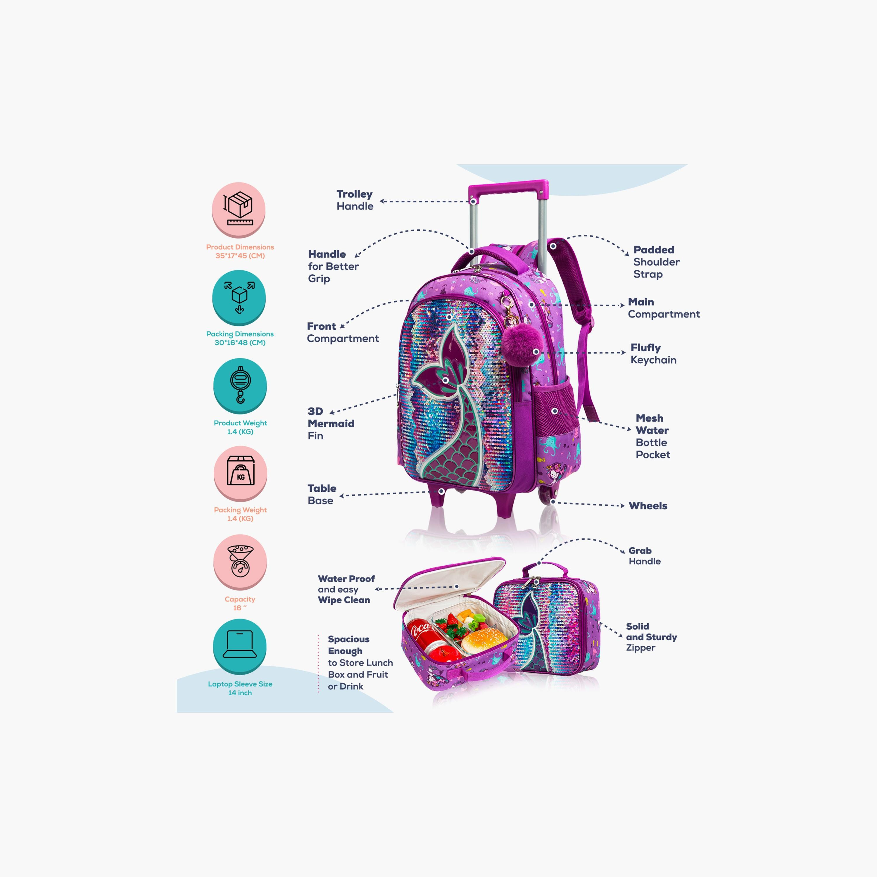 Eazy Kids 3-Piece Trolley School Bag , Lunch Bag & Pencil Case, 16 Inch,  Mermaid Purple-school-bagsandbackpacks-sets-image-2