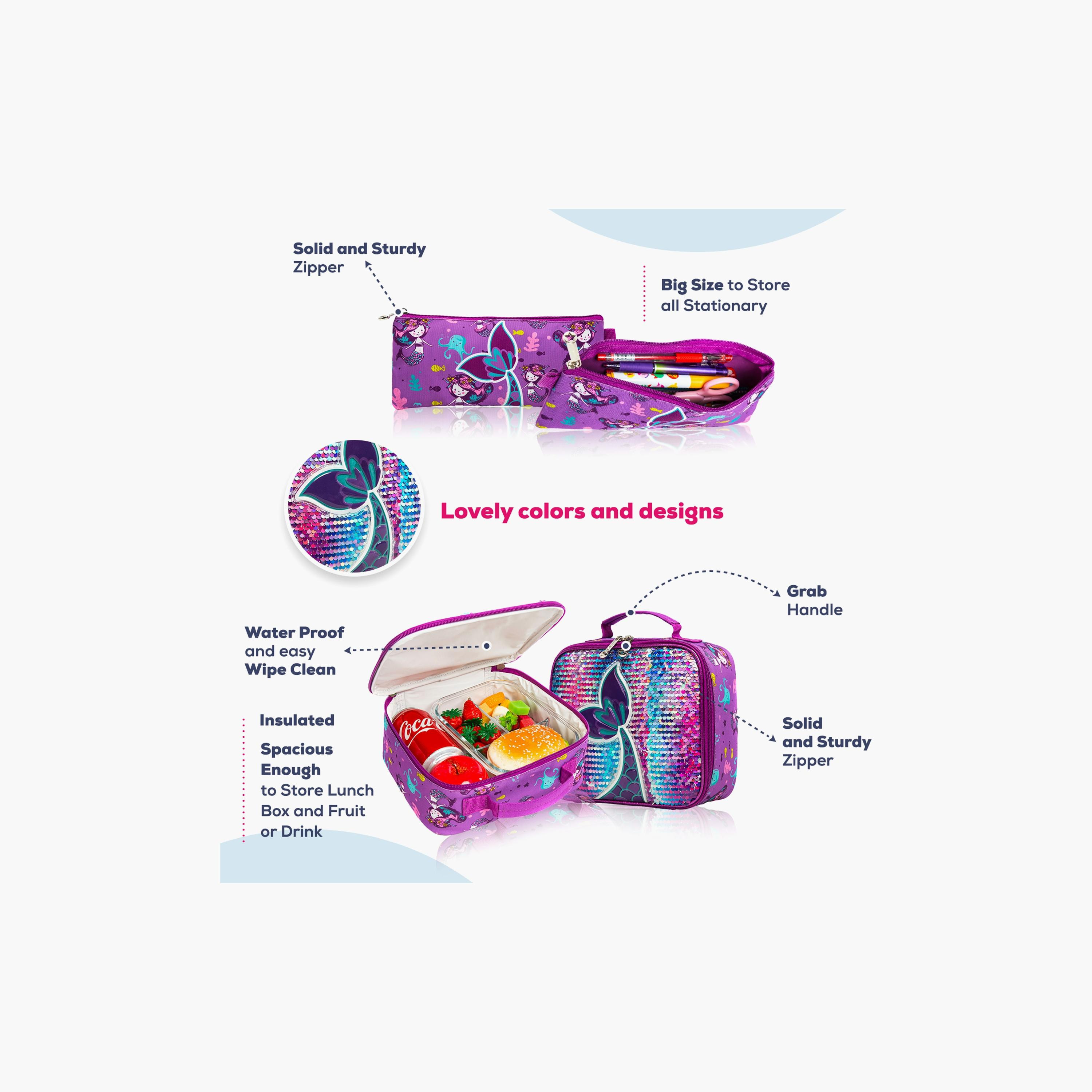 Eazy Kids 3-Piece Trolley School Bag , Lunch Bag & Pencil Case, 16 Inch,  Mermaid Purple-school-bagsandbackpacks-sets-image-3