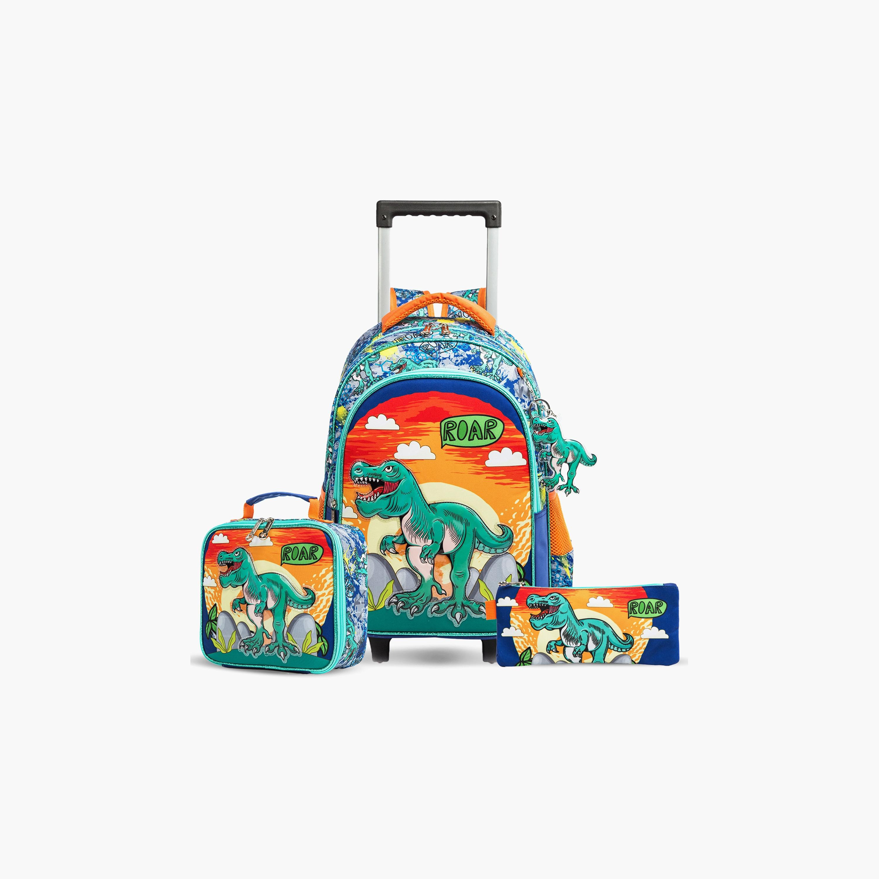 Eazy Kids 3-Piece Trolley School Bag , Lunch Bag & Pencil Case, 16 Inch, Dinosaur Orange-school-bagsandbackpacks-sets-image-1