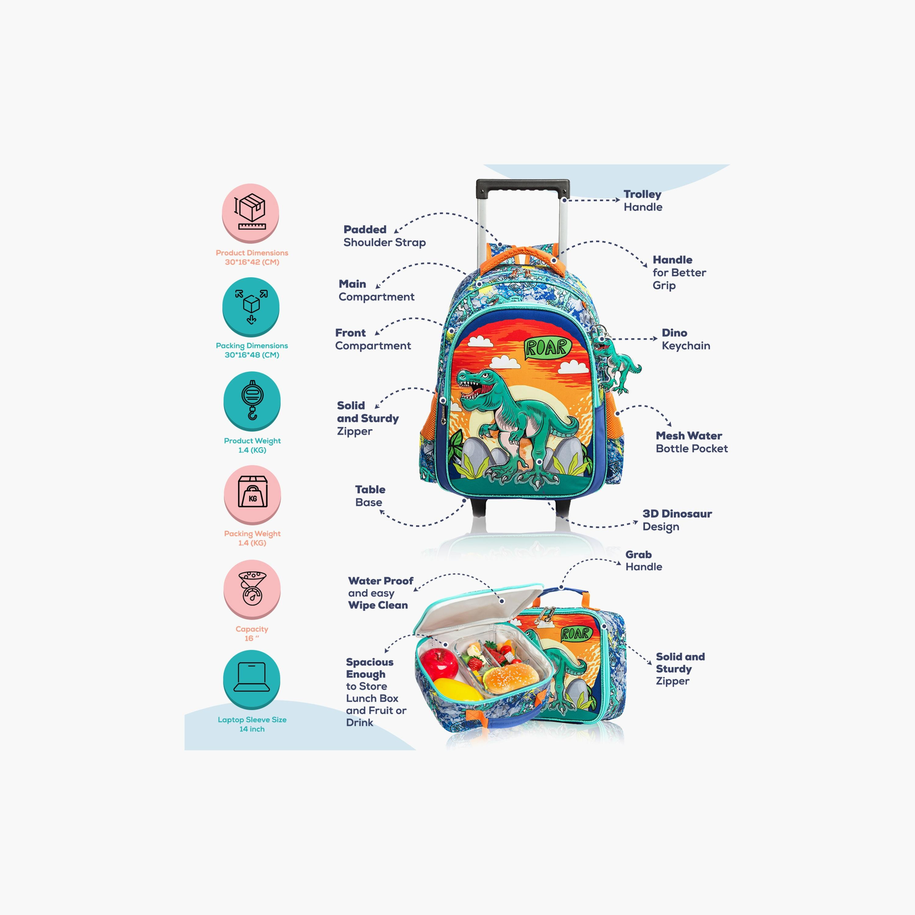 Eazy Kids 3-Piece Trolley School Bag , Lunch Bag & Pencil Case, 16 Inch, Dinosaur Orange-school-bagsandbackpacks-sets-image-2