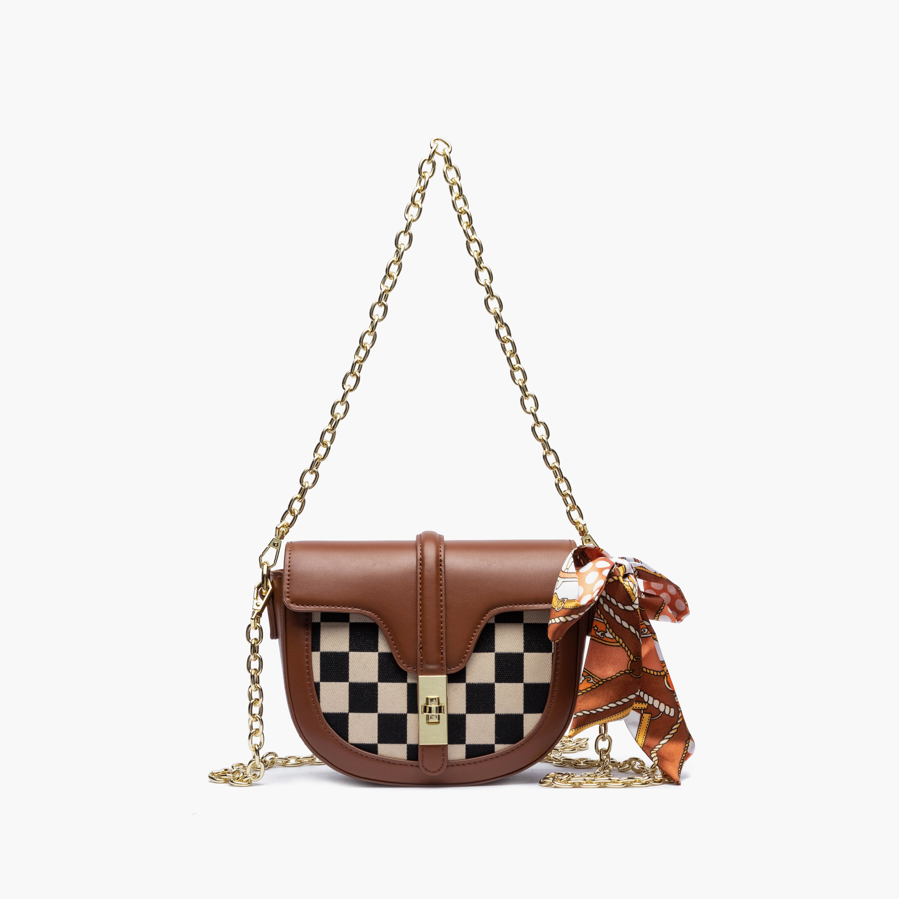  حقيبة كروس مزخرفة بحزام سلسلة معدني وقفل ملتوي بلون الأسمر من فيور-women-bagsandwallets-handbags-image-1