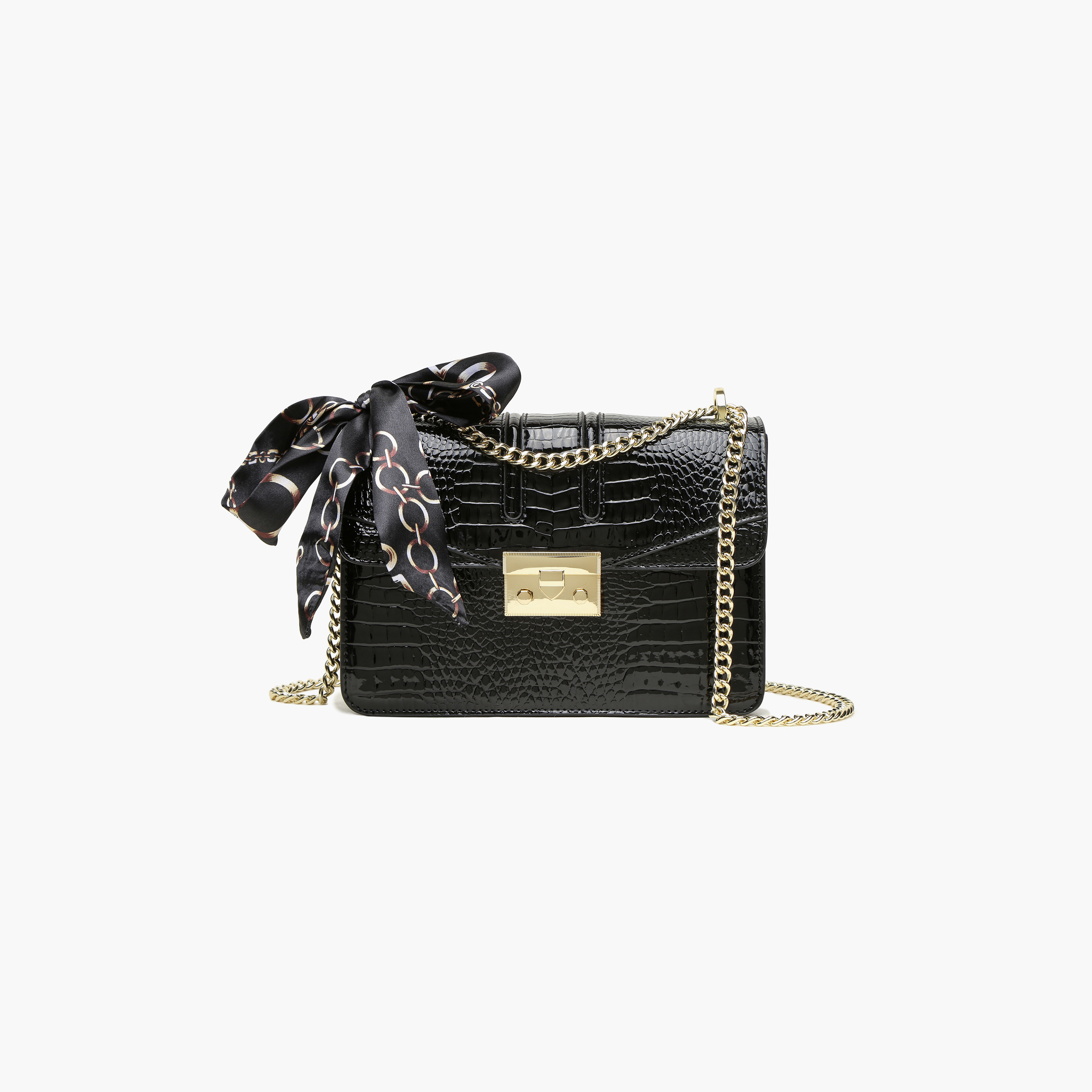  حقيبة كروس مزخرفة مع وشاح ساتان مطبوع وإغلاق بسحّاب باللون الأسود من فيور-women-bagsandwallets-handbags-image-1