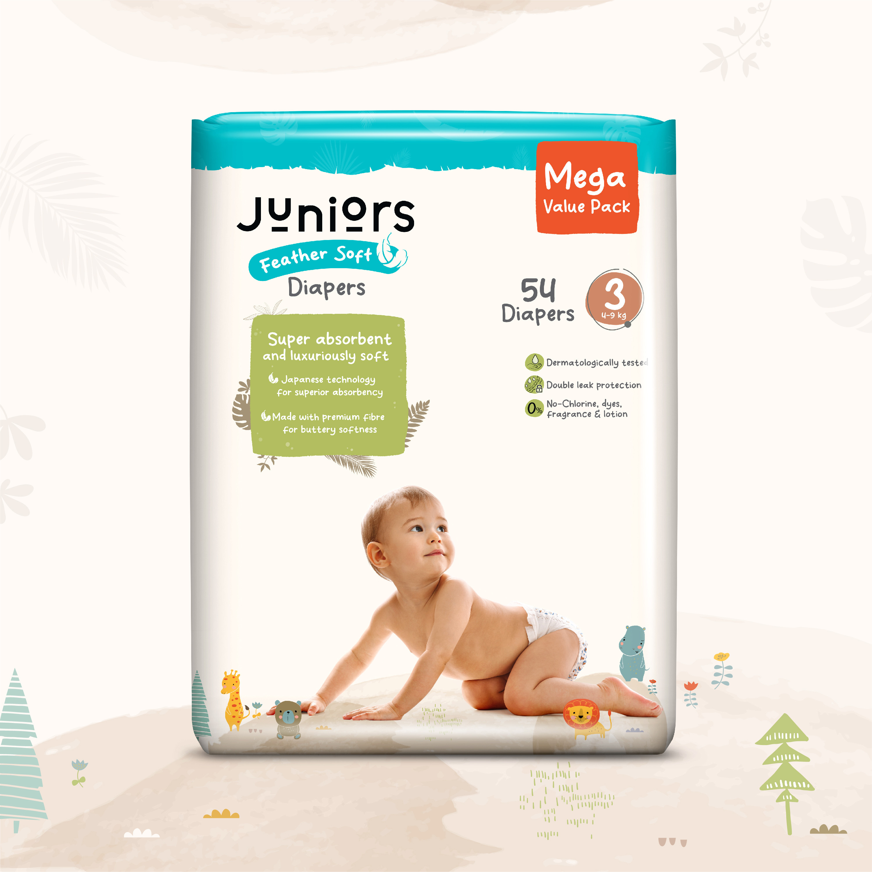 Juniors 54-Piece Tape Style Diapers 3-6 Months Size 3 (4-9 kg) Feather Soft Value Pack-baby-diapering-diapers-image-2