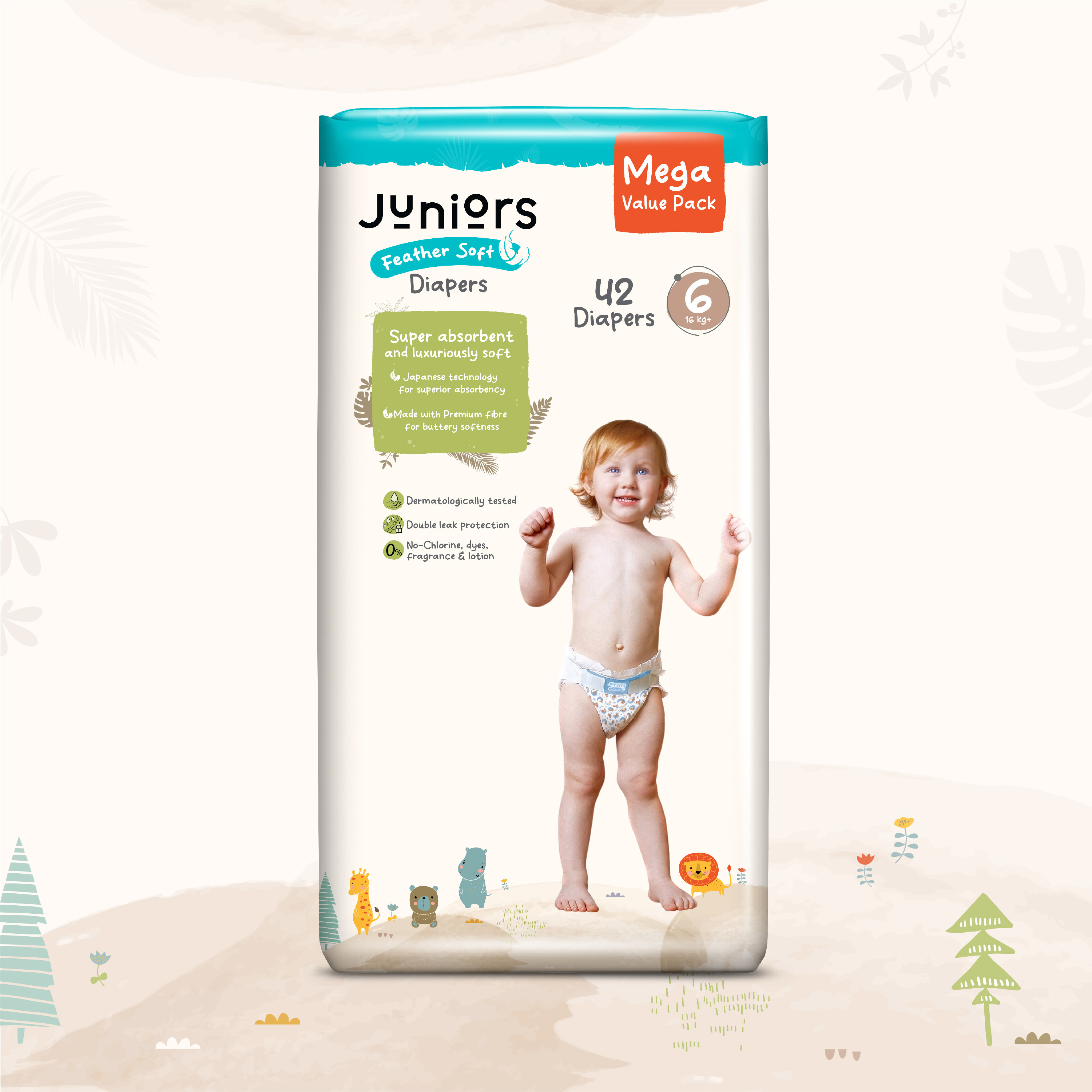 عبوة قيّمة حفّاضات بشريط لاصق 42 قطعة نعومة الريش مقاس 6 (16+ كجم) من جونيورز-baby-diapering-diapers-image-2