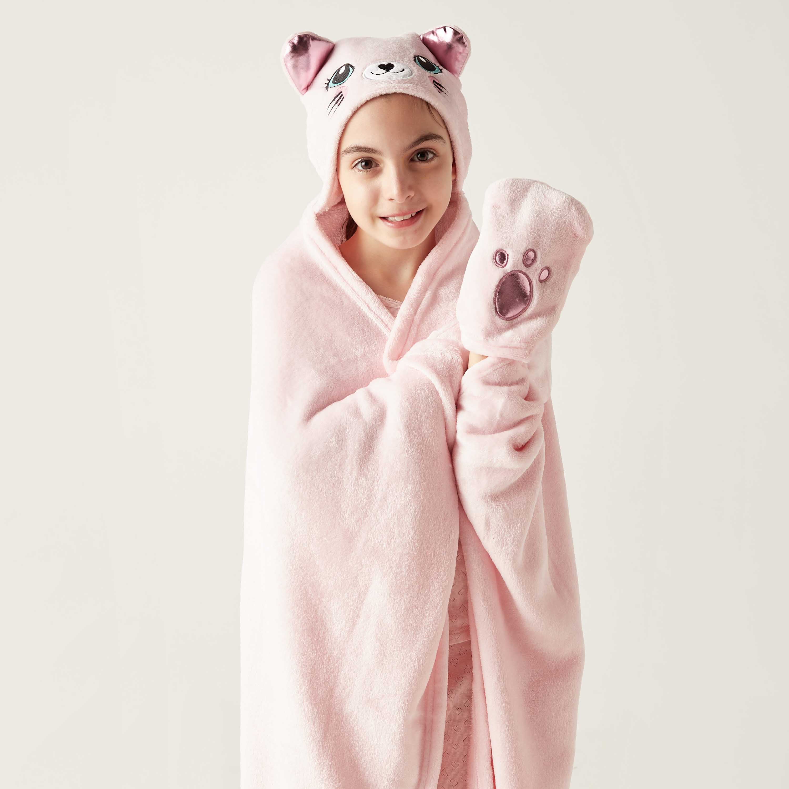 Cat Ear Applique Hooded Blanket with Hand Pockets - 102x127 cms-girls-clothing-nightwear-image-2
