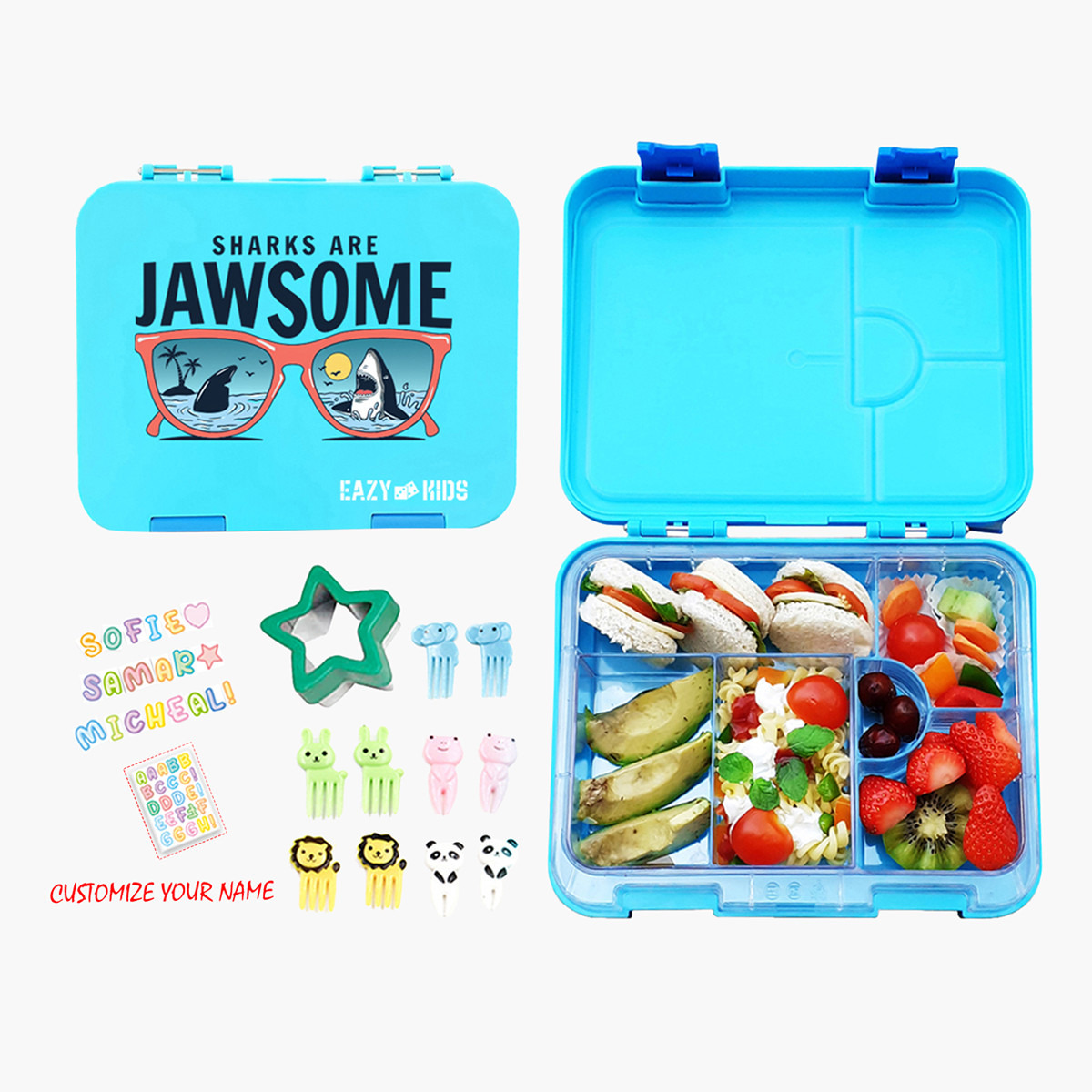 Eazy Kids Jawsome Shark Print Convertible Bento Lunch Box - Blue-school-lunchessentials-lunchboxes-image-5