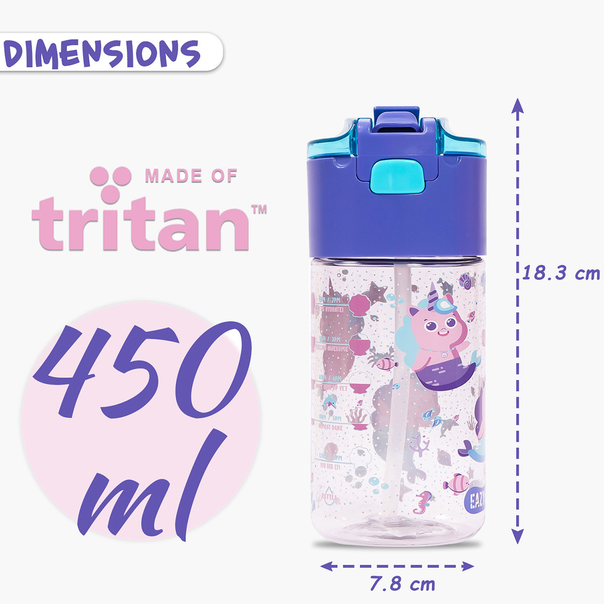 Eazy Kids Mermaid Print Purple Tritan Water Bottle - 450 ml-school-waterbottles-image-4