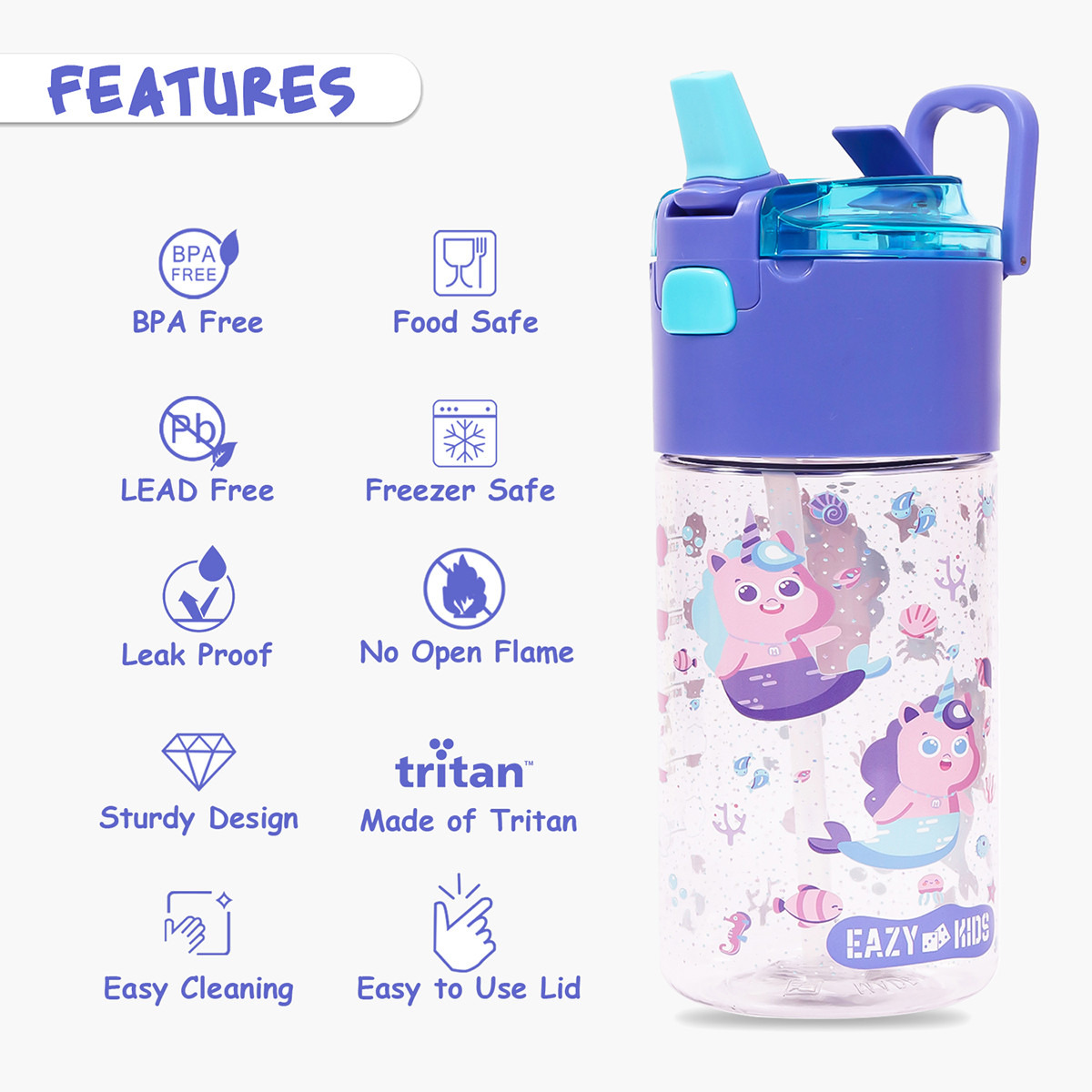 Eazy Kids Mermaid Print Purple Tritan Water Bottle - 450 ml-school-waterbottles-image-5