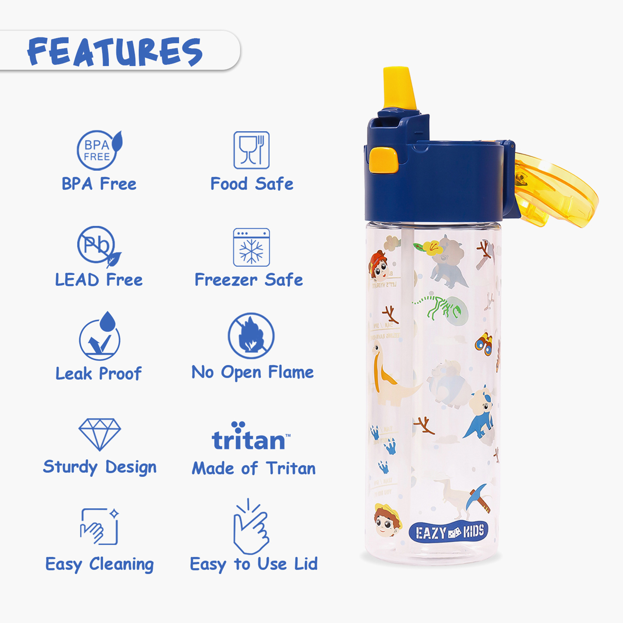 Eazy Kids T-Rex Dinosaur Print Blue Sipper Water Bottle - 450 ml-school-waterbottles-image-5