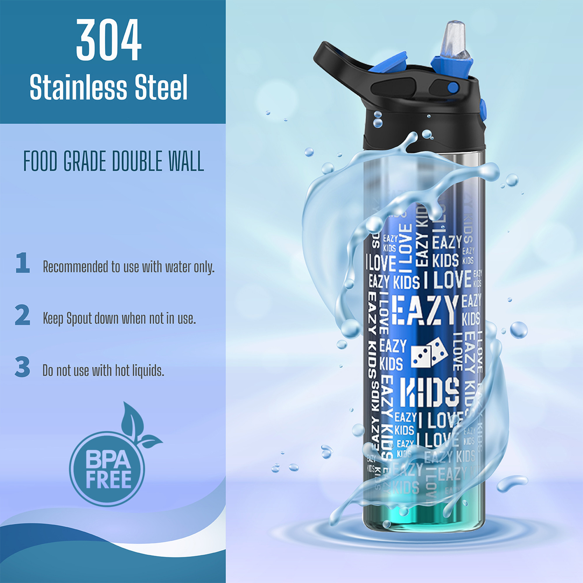 Eazy Kids Typographic Print Stainless Steel Water Bottle - 530 ml-school-waterbottles-image-3