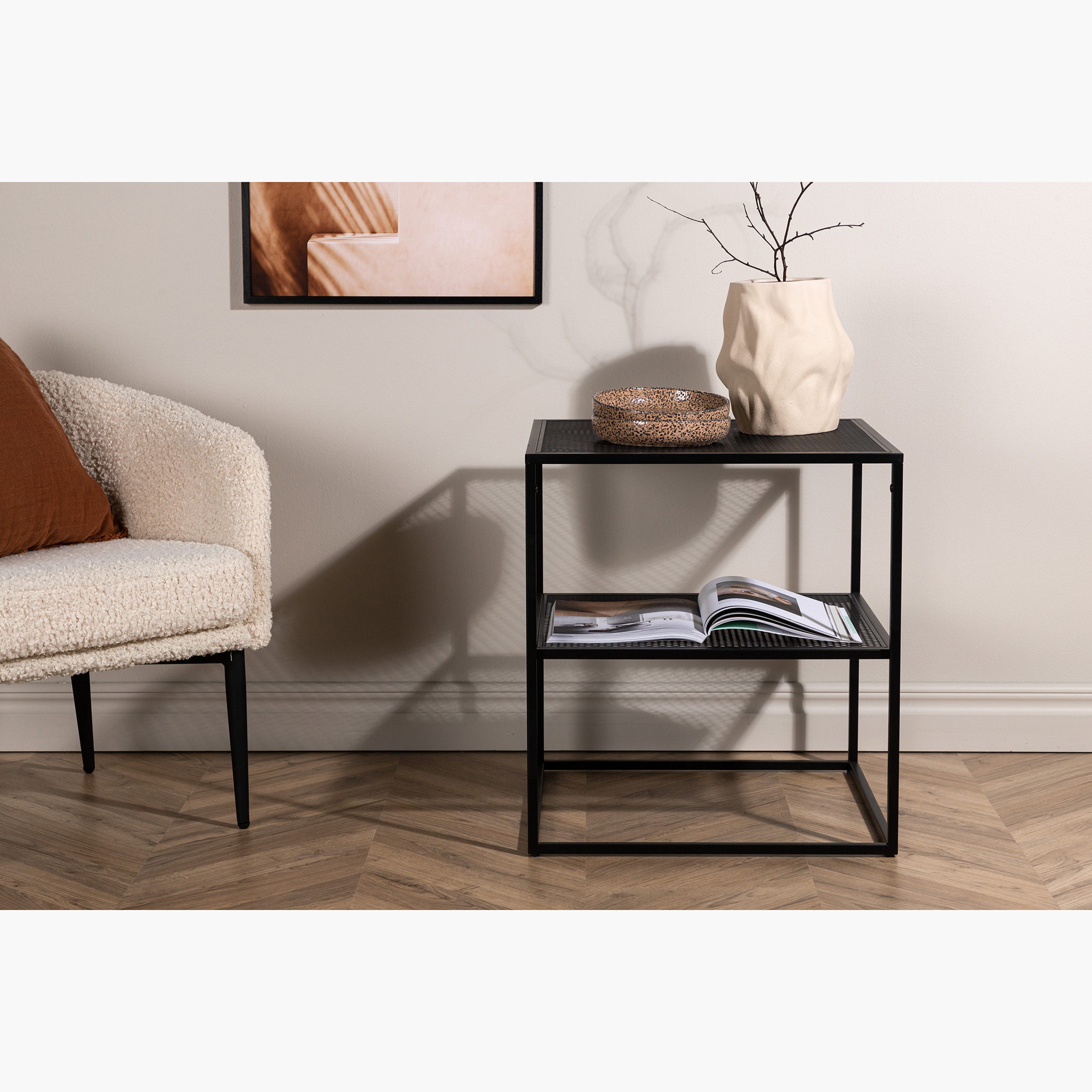 Side table outlet with shelf