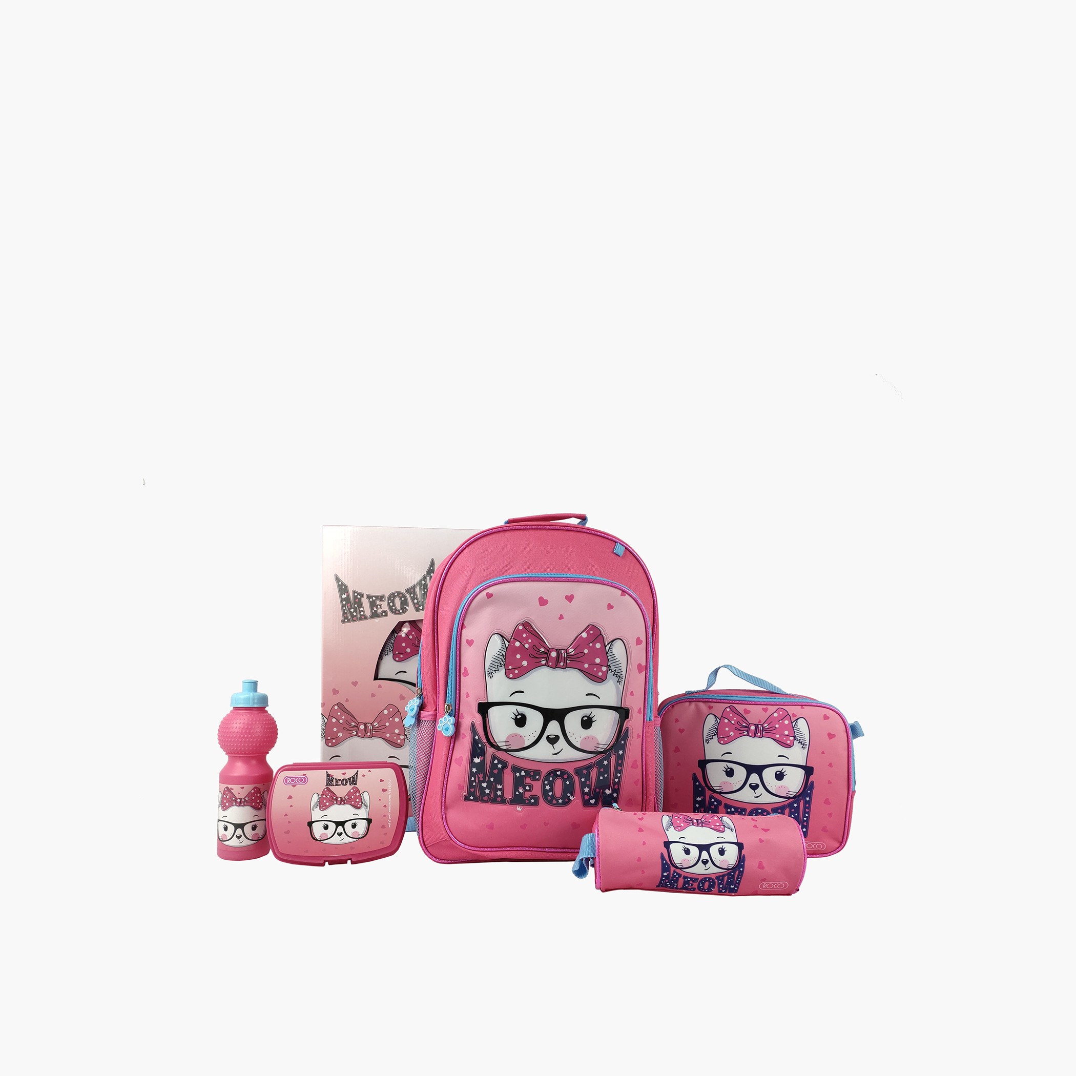 طقم شنطة ظهر 5 قطع بطبعات قطة مياو من روكو - 17 بوصة-school-bagsandbackpacks-sets-image-1