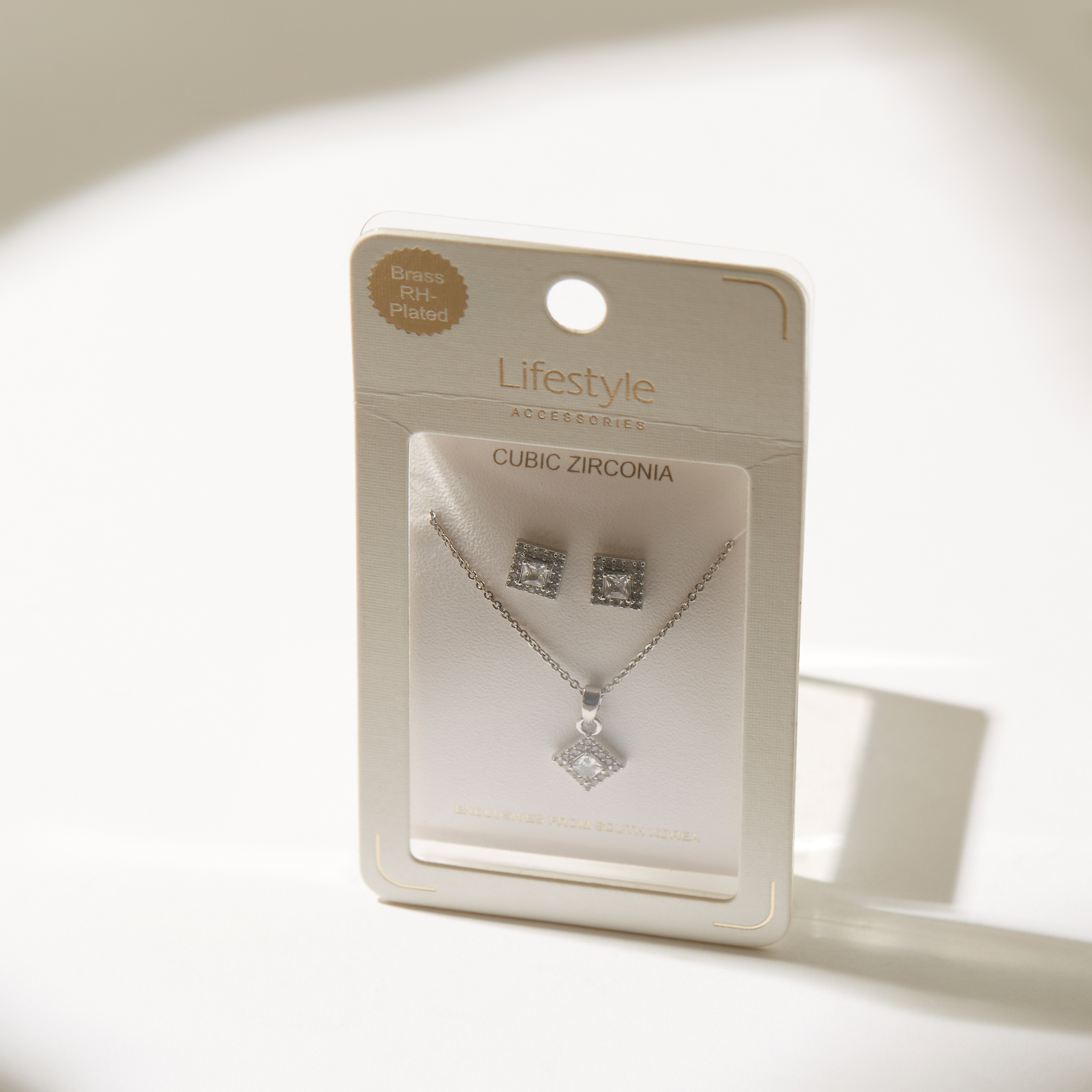 Cubic Zirconia Studded Diamond Shaped Pendant Necklace and Earrings Set-women-watchesandjewellery-jewellery-jewellerysets-image-1