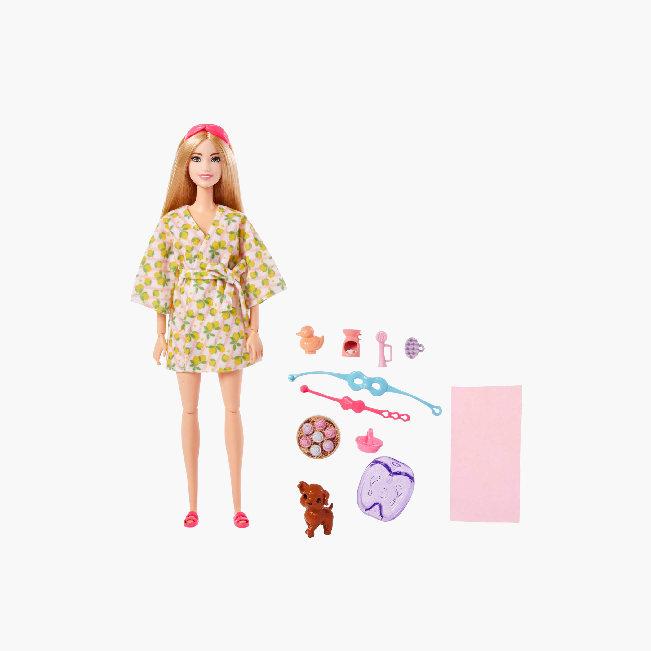دمية باربي شقراء يوم المنتجع الصحي مع جرو أليف وروب استحمام بطبعات ليمون من باربي-toys-dollsandplaysets-dollplaysets-image-1