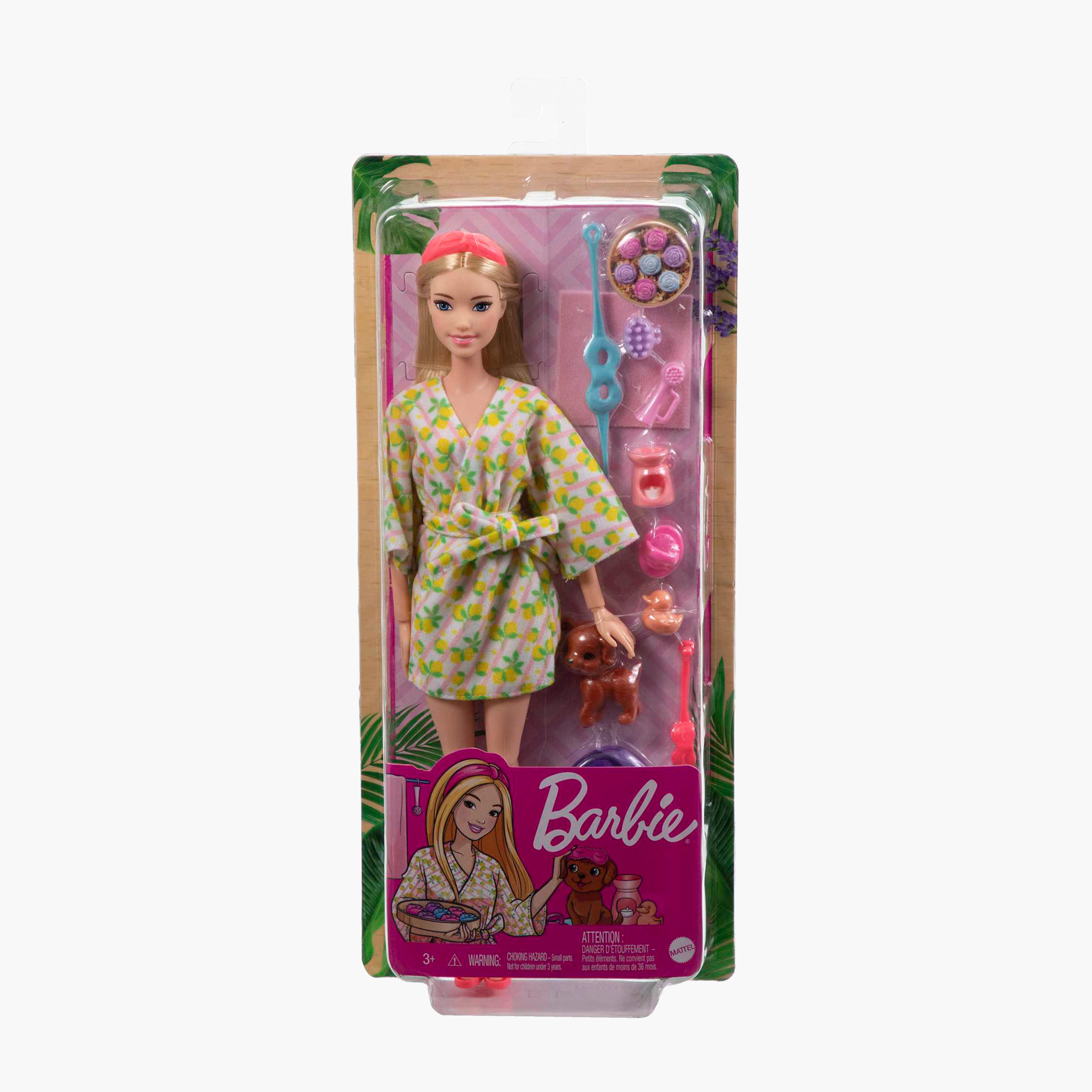 دمية باربي شقراء يوم المنتجع الصحي مع جرو أليف وروب استحمام بطبعات ليمون من باربي-toys-dollsandplaysets-dollplaysets-image-6