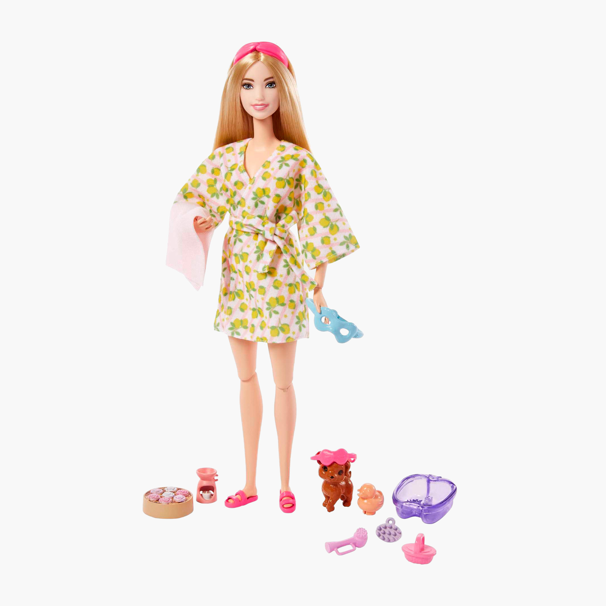 دمية باربي شقراء يوم المنتجع الصحي مع جرو أليف وروب استحمام بطبعات ليمون من باربي-toys-dollsandplaysets-dollplaysets-image-7
