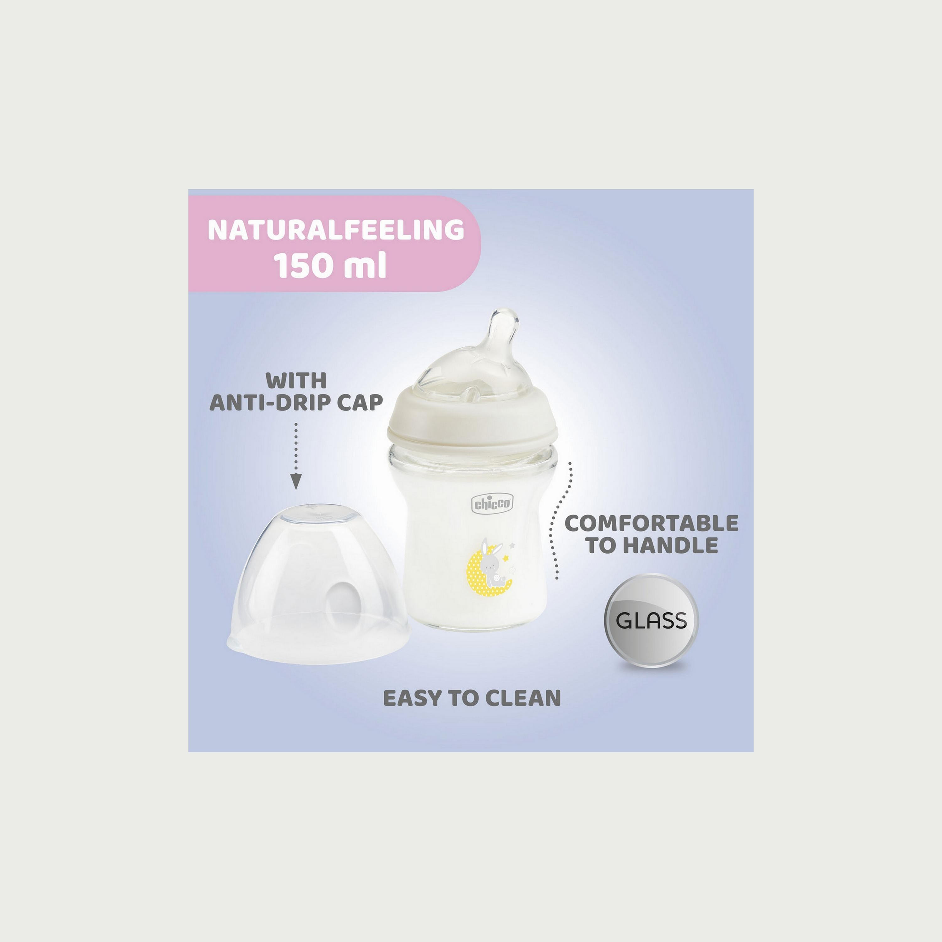 زجاجة زجاجية سيليكون تدفق بطئ ناتشورال فييلنج من شيكو، 150مل-baby-feeding-feedingbottles-bottlesandteats-image-5