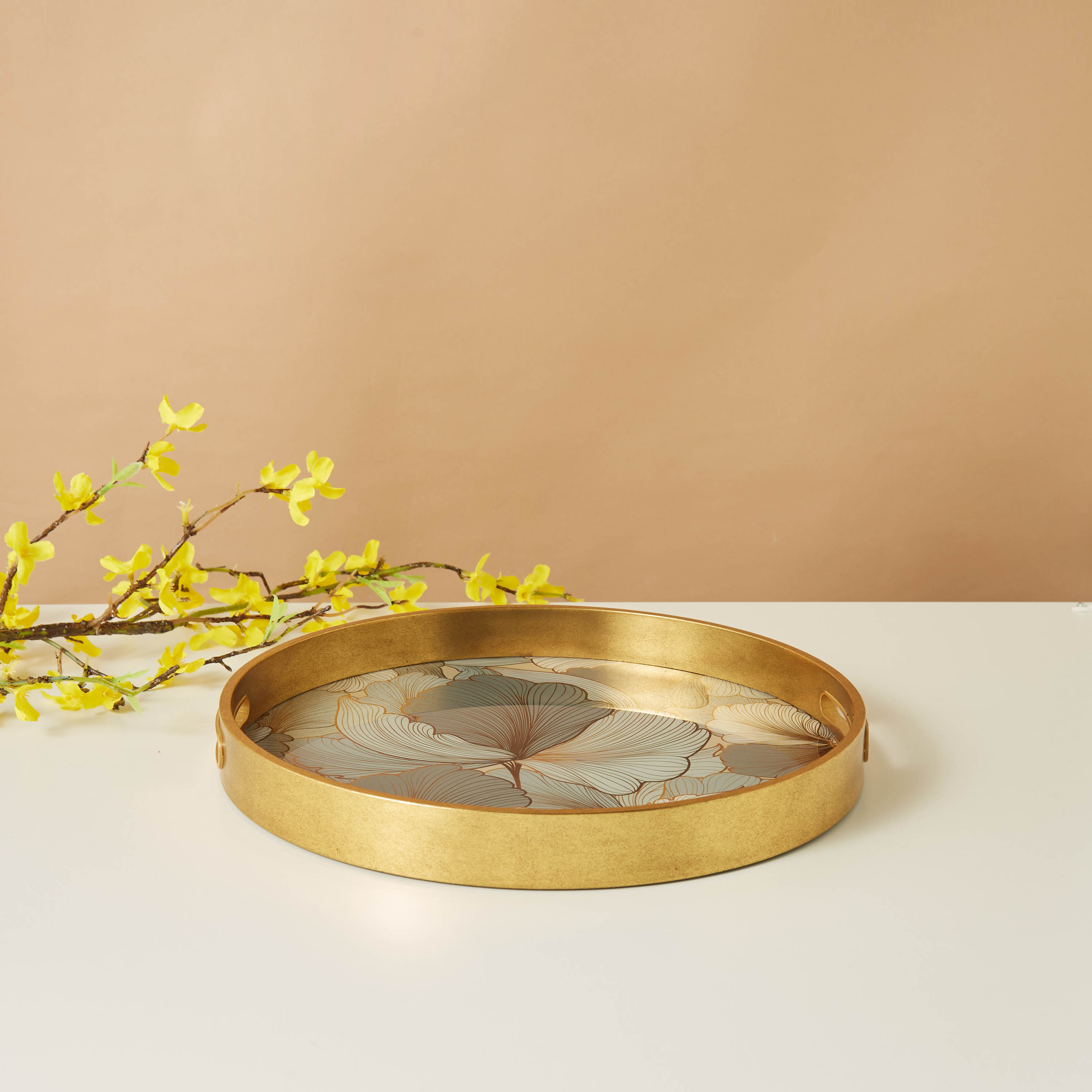 Floral Print Round Decorative Tray - 45x45x4 cms-household-dining-serveware-servingtrays-image-1