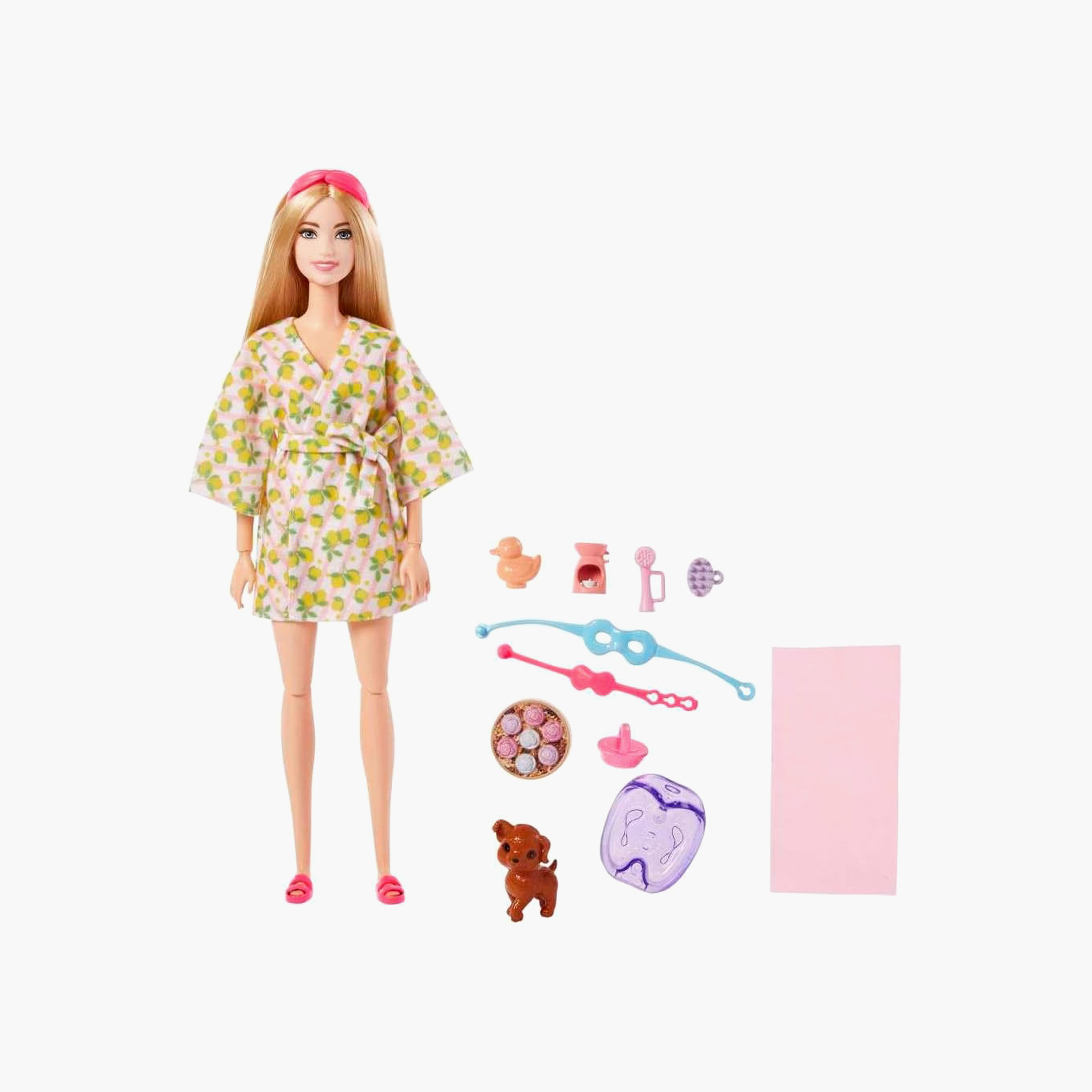 Barbie Doll, Kids Toys, Blonde Doll with Pet Puppy, Barbie Sets, Spa Day, Lemon Print Bathrobe-toys-dollsandplaysets-dollplaysets-image-2