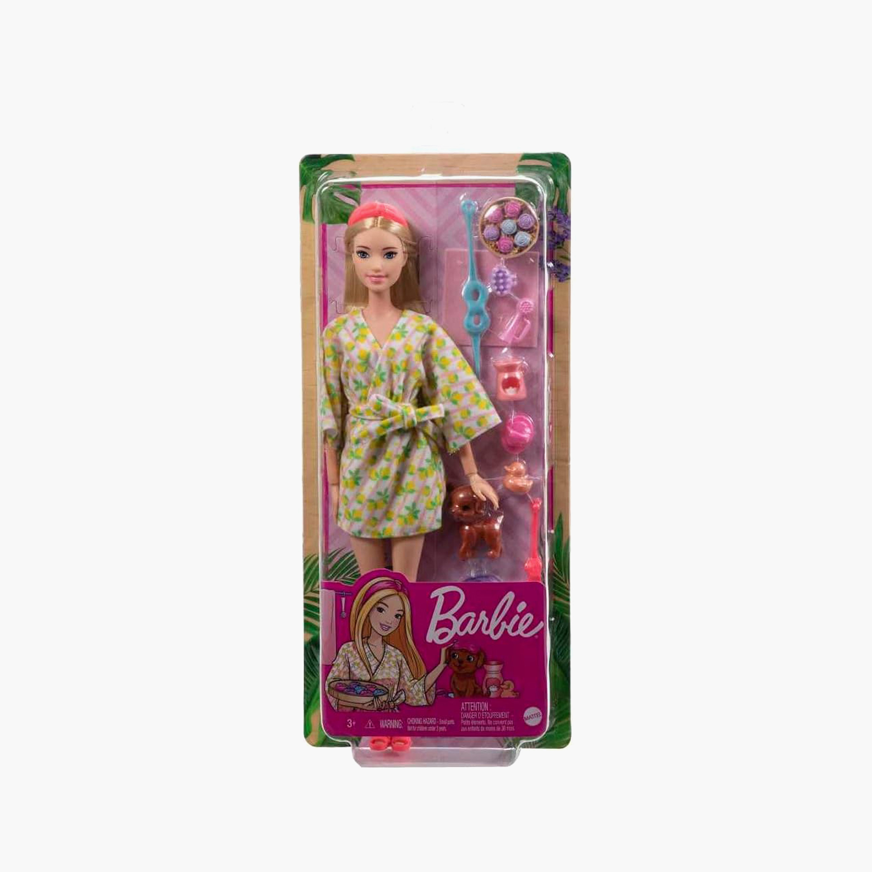 Barbie Doll, Kids Toys, Blonde Doll with Pet Puppy, Barbie Sets, Spa Day, Lemon Print Bathrobe-toys-dollsandplaysets-dollplaysets-image-7