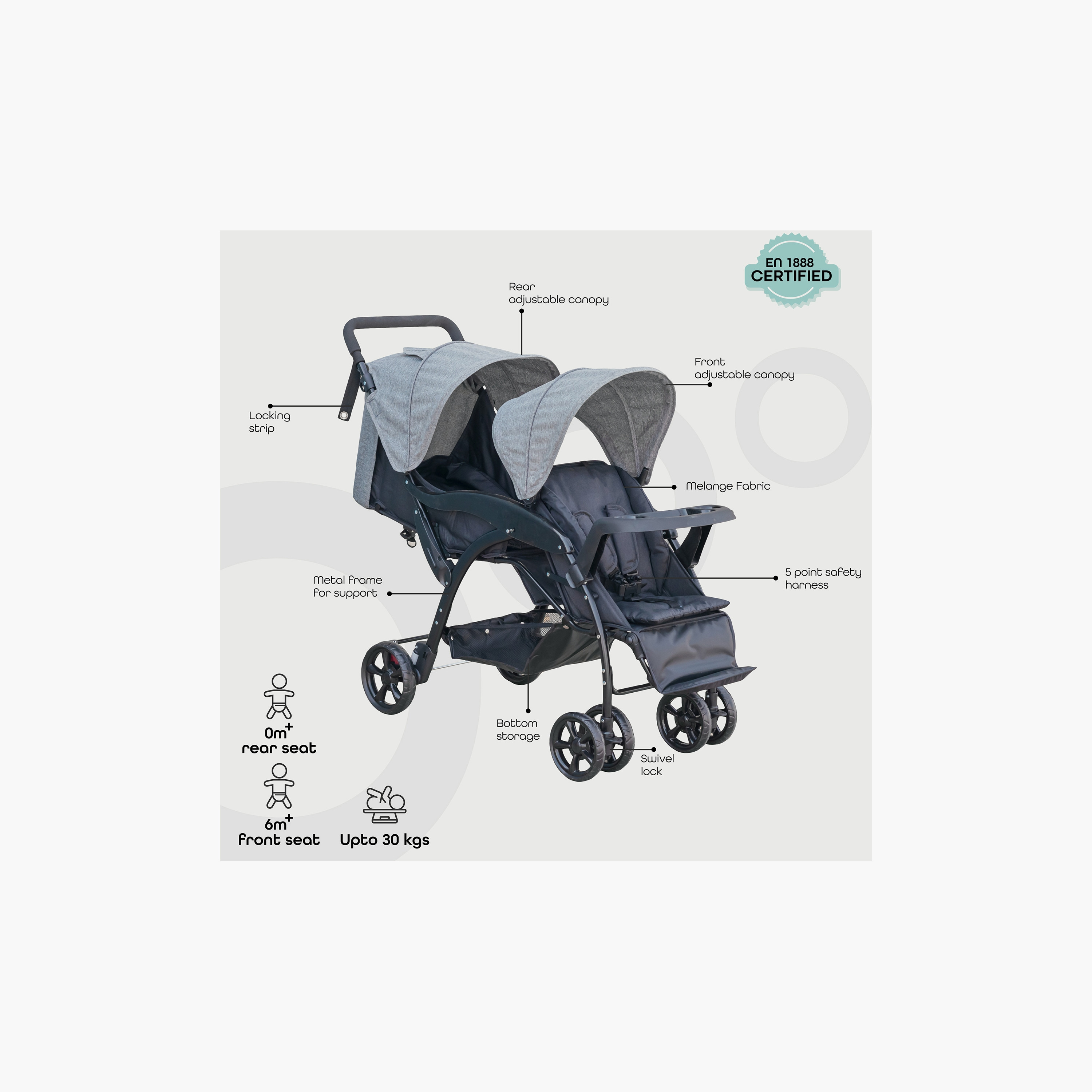 Moon Dois Foldable Twin Stroller with Adjustable Leg Rest - Grey-baby-gear-strollersandprams-strollers-image-2