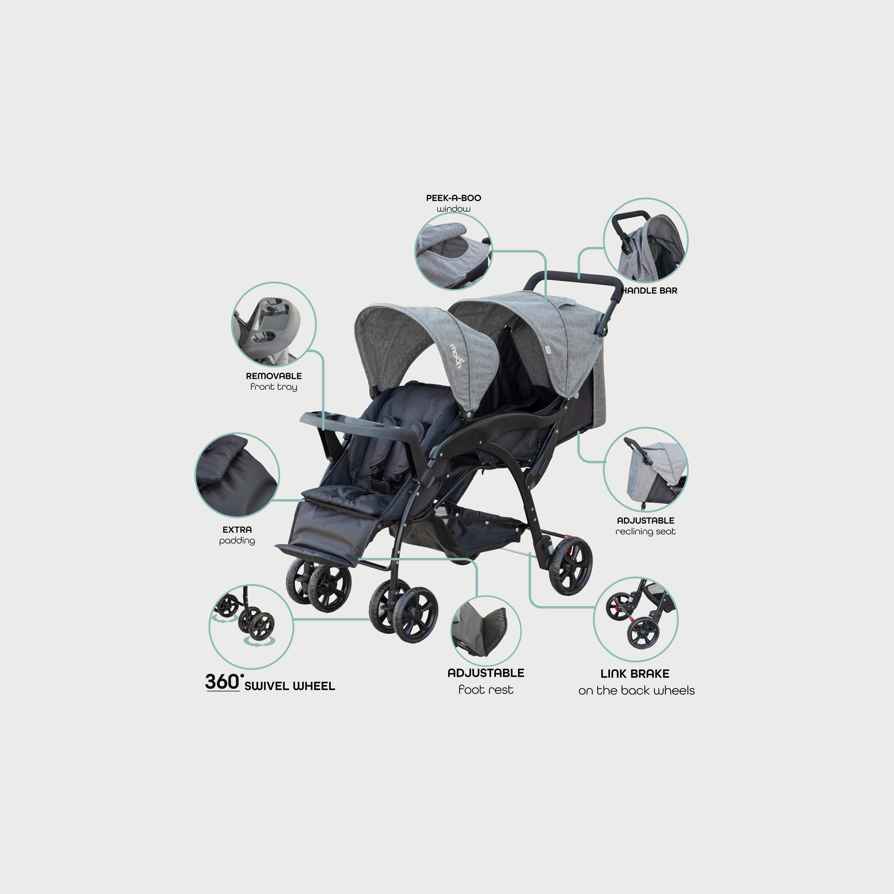 Moon Dois Foldable Twin Stroller with Adjustable Leg Rest - Grey-baby-gear-strollersandprams-strollers-image-3
