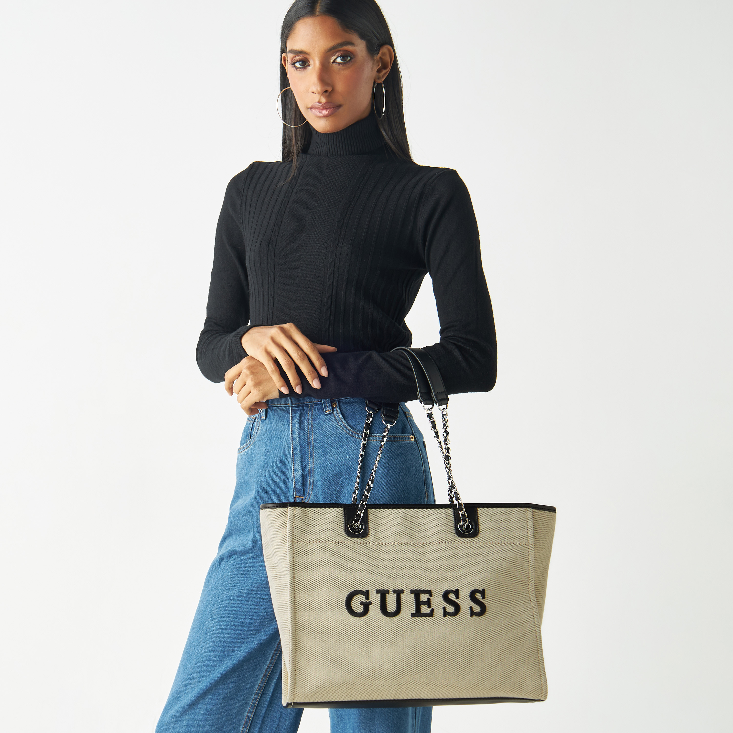 Guess Logo Embossed Tote Bag with Chain Link Handles