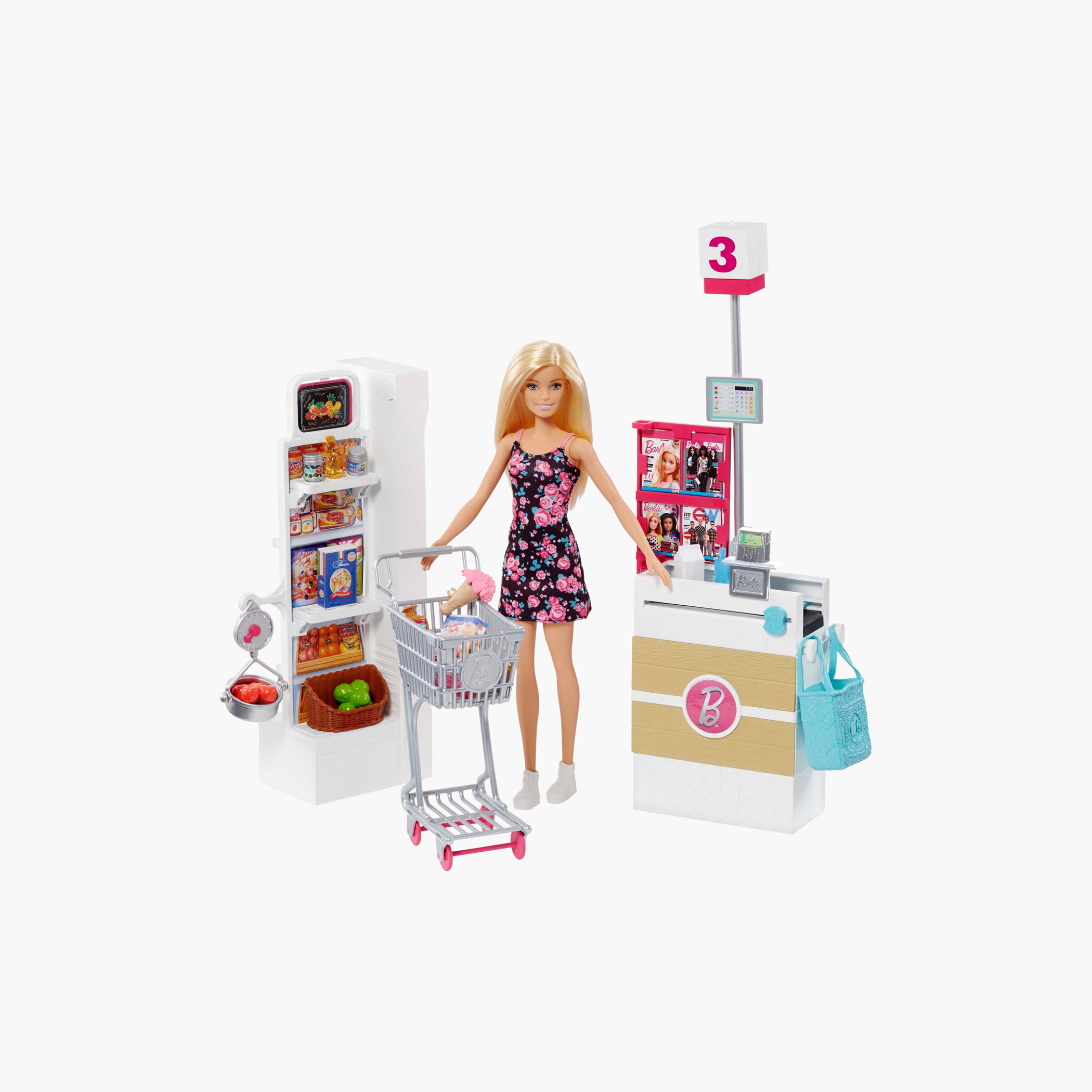دمية شقراء ومتجر بقالة مع عربة تسوق بعجلات متحركة وسير كاشير متحرك من باربي-toys-dollsandplaysets-dollplaysets-image-1