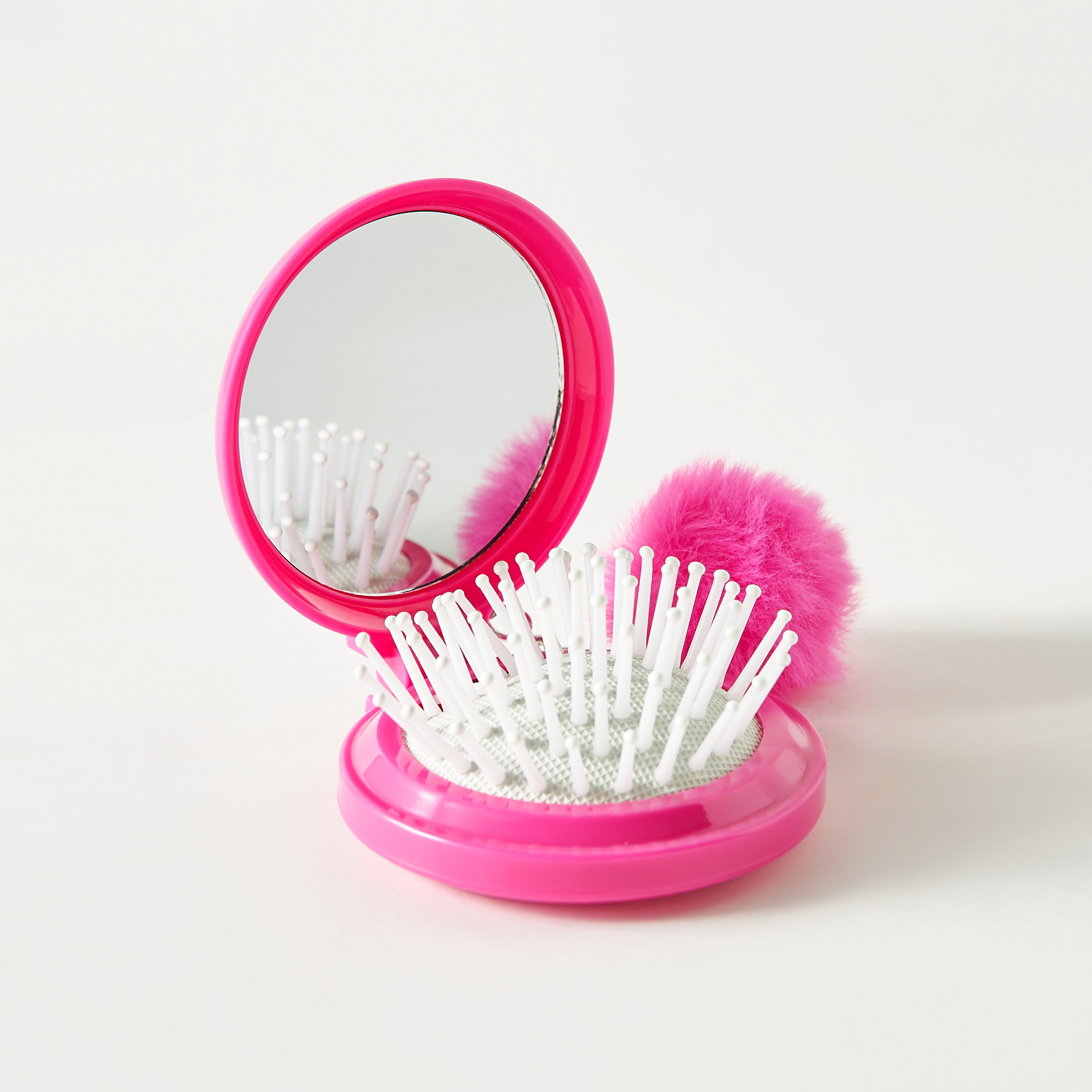 فرشاة شعر قابلة للطي بمرآة وتفاصيل بوم بوم وطبعات قطة-beautyandpersonalcare-hair-stylingtools-hairbrushesandcombs-image-1