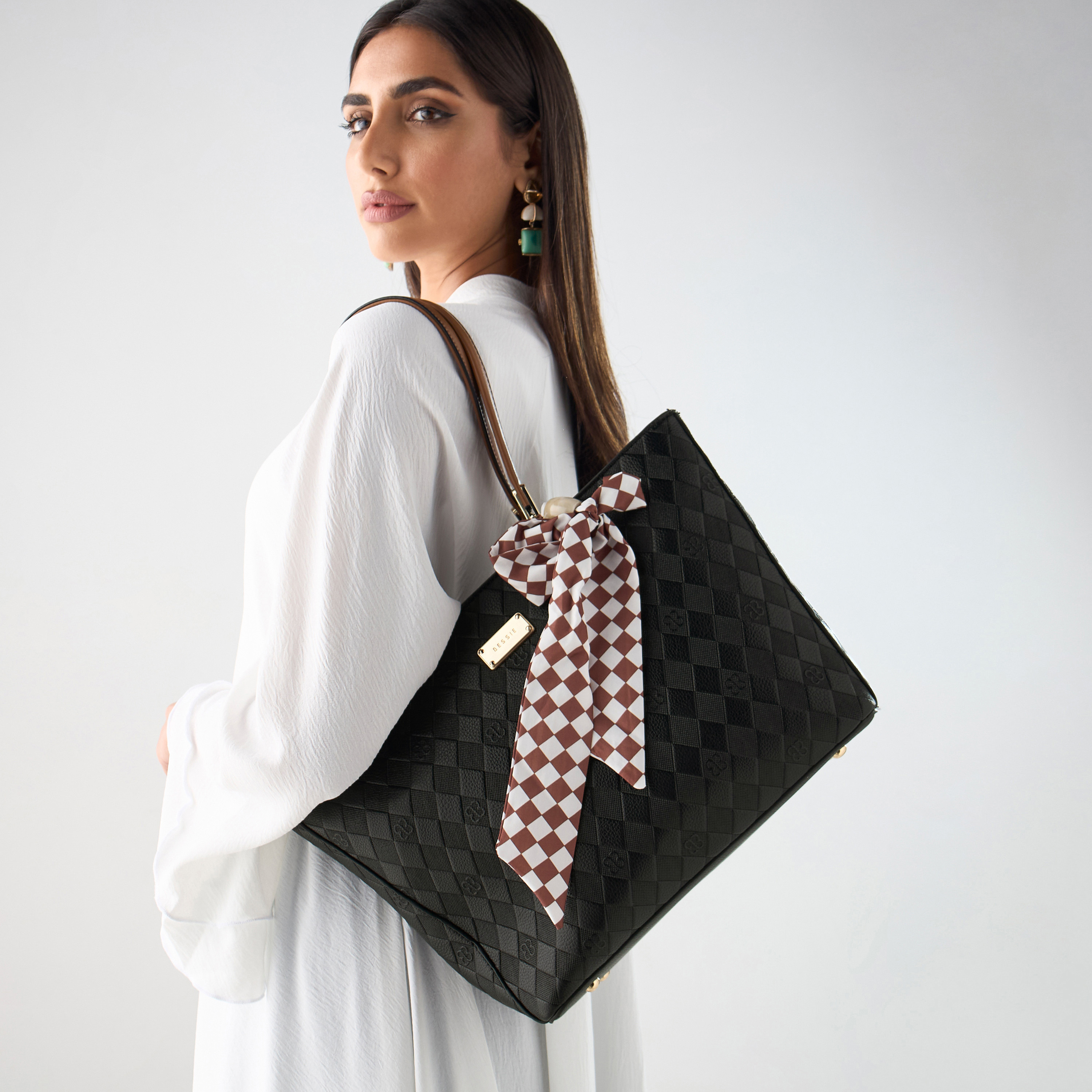 Bessie London Weave Textured Tote Bag with Bow Detail