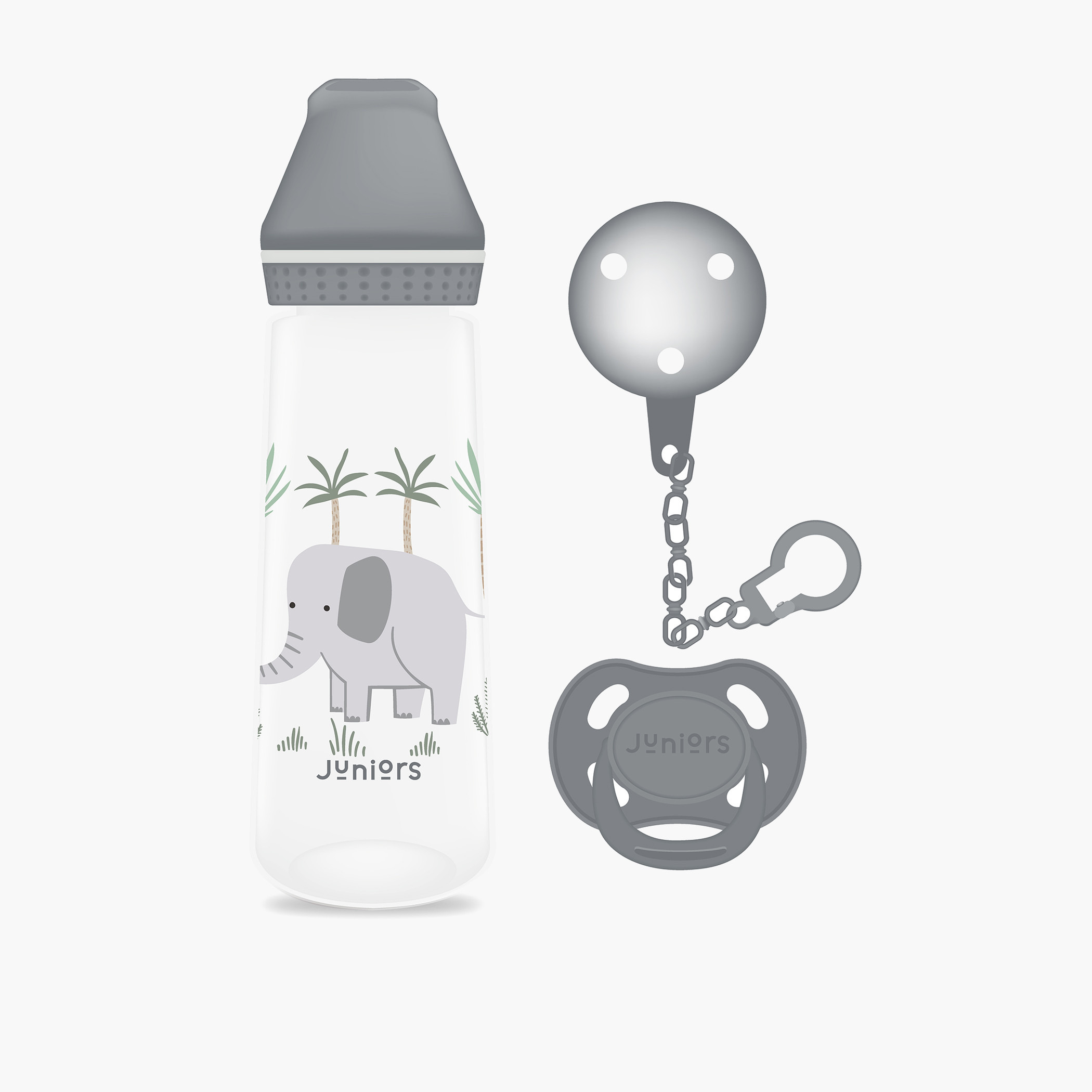 Juniors Elephant Print Feeding Bottle with Soother and Clip Set - 250 ml-baby-feeding-feedingbottles-bottlesandteats-image-1