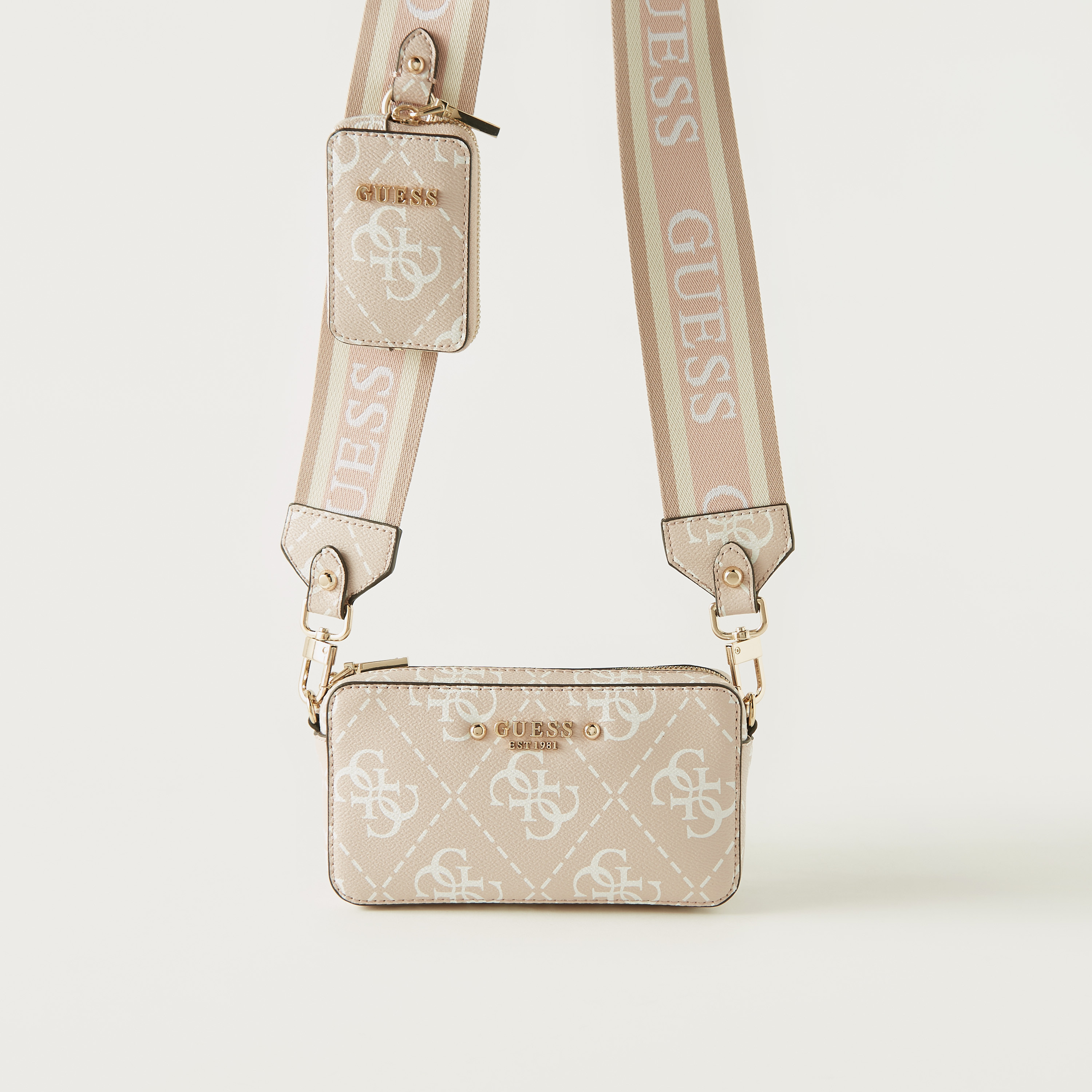 Guess Monotone Print Crossbody Bag with Detachable Strap and Zip Closure