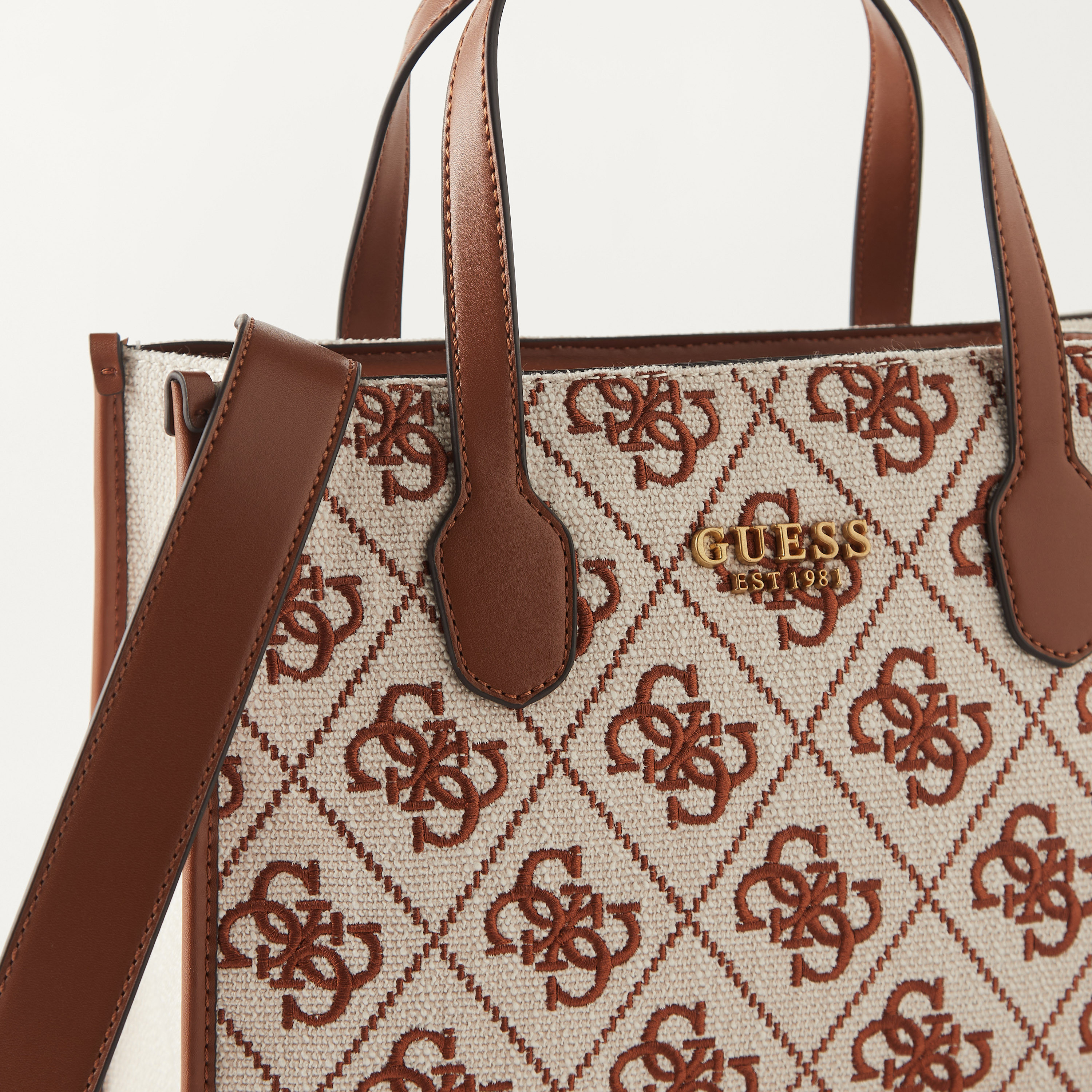 Guess Monogram Embroidered Tote Bag with Handles and Detachable Strap