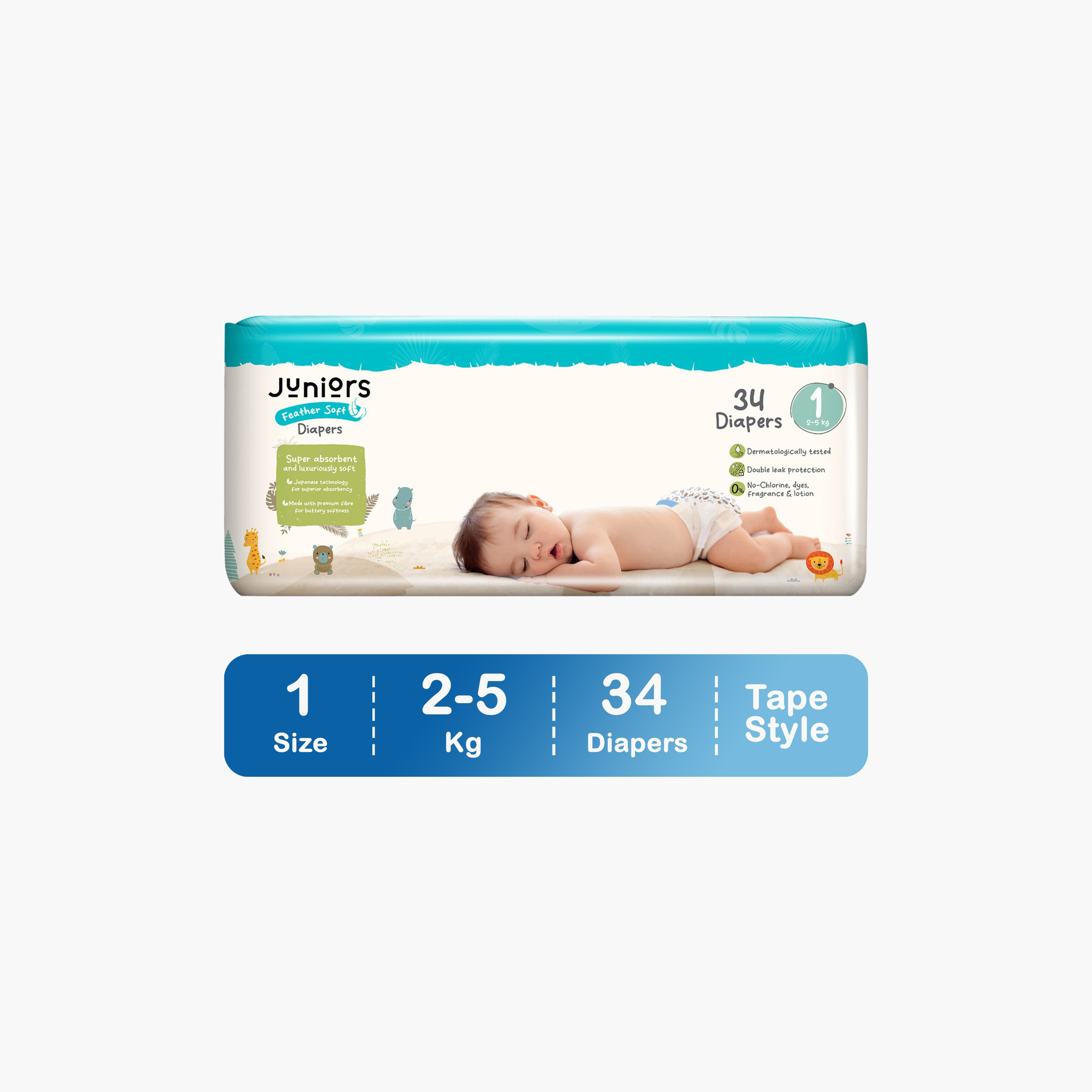 Juniors Feather Soft Diapers Size 1 (2-5 kg) Value Pack - 34 Pieces-baby-diapering-diapers-image-1