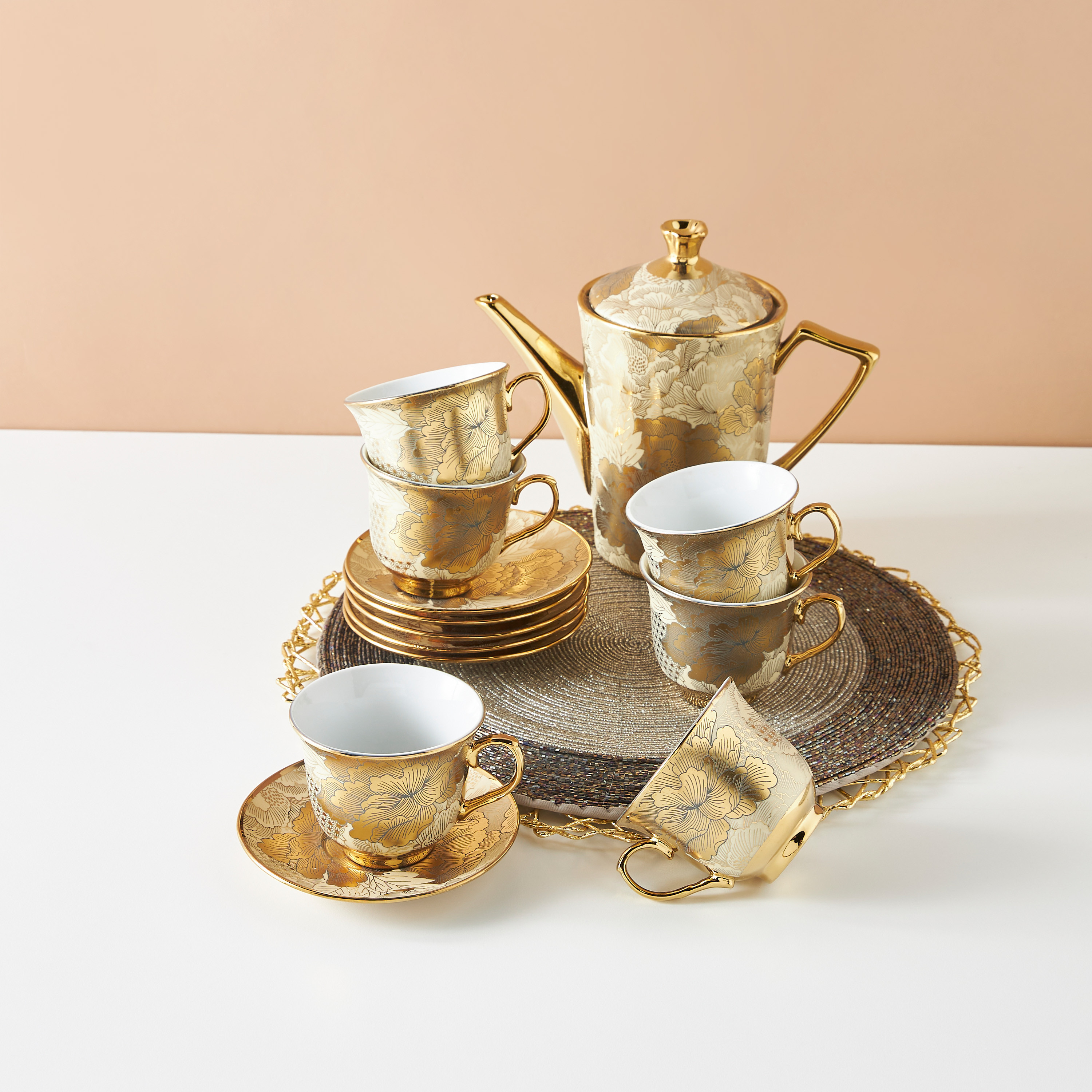 Floral Print 13-Piece Porcelain Cup and Saucer Set with Teapot-household-dining-teaandcoffee-teaandcoffeesets-image-1